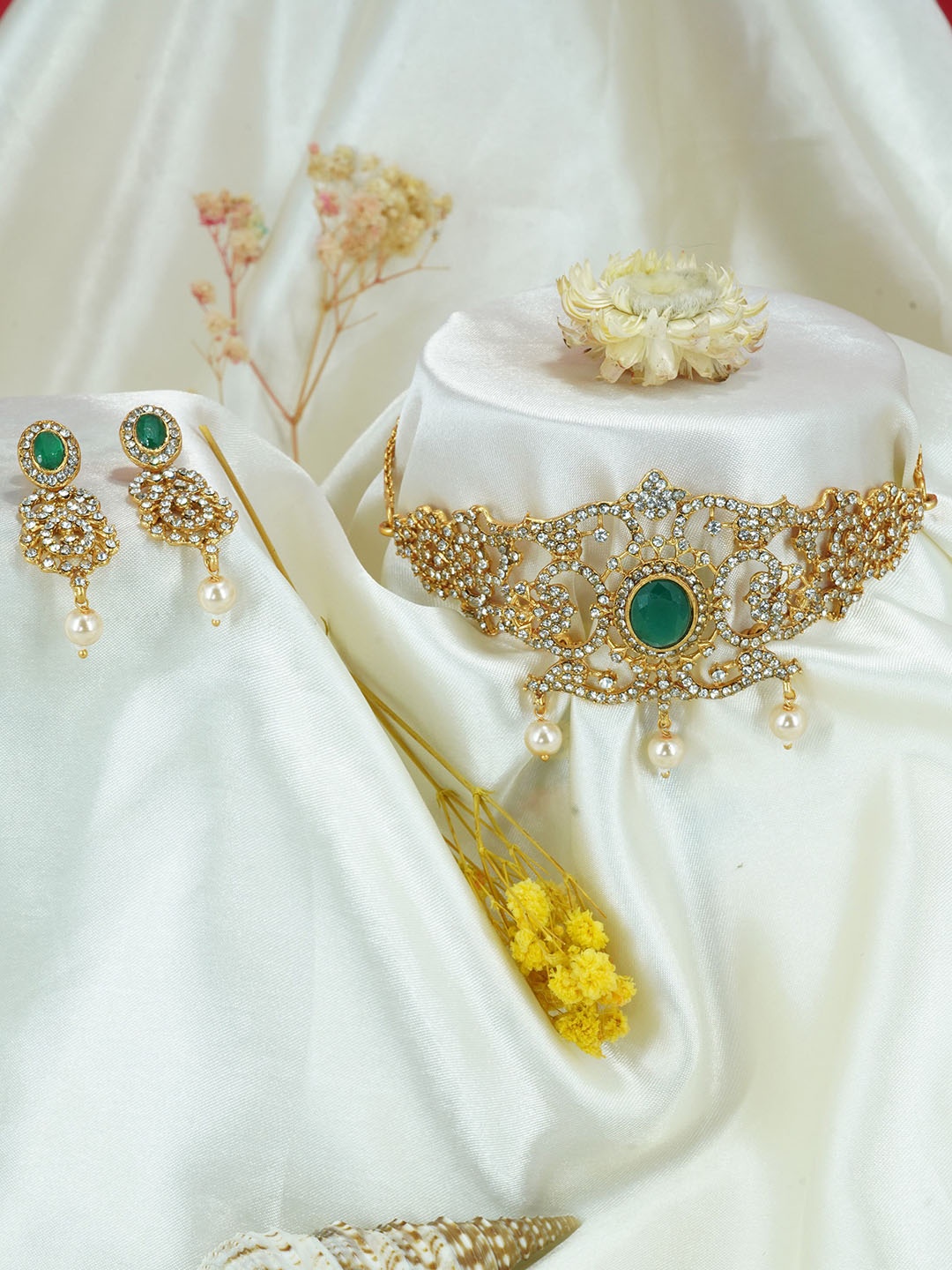 

GRIIHAM Gold-Plated AD Studded & Beaded Jewellery Set