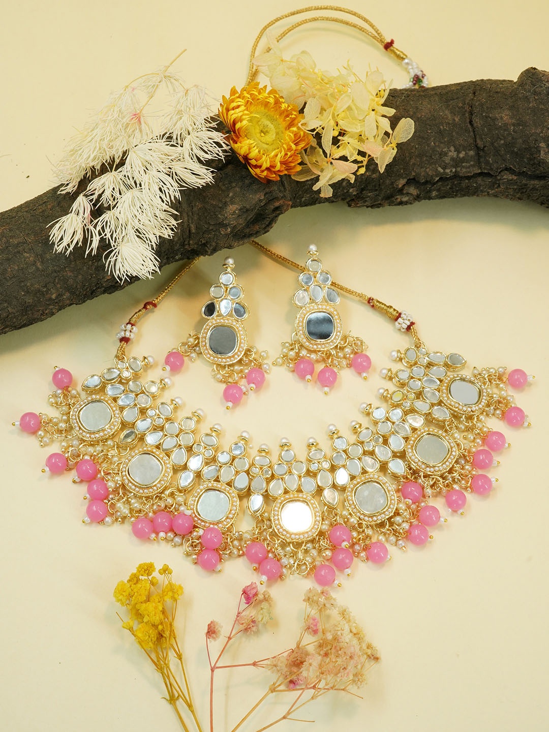 

GRIIHAM Gold-Plated CZ-Studded & Kundan-Beaded Jewellery Set