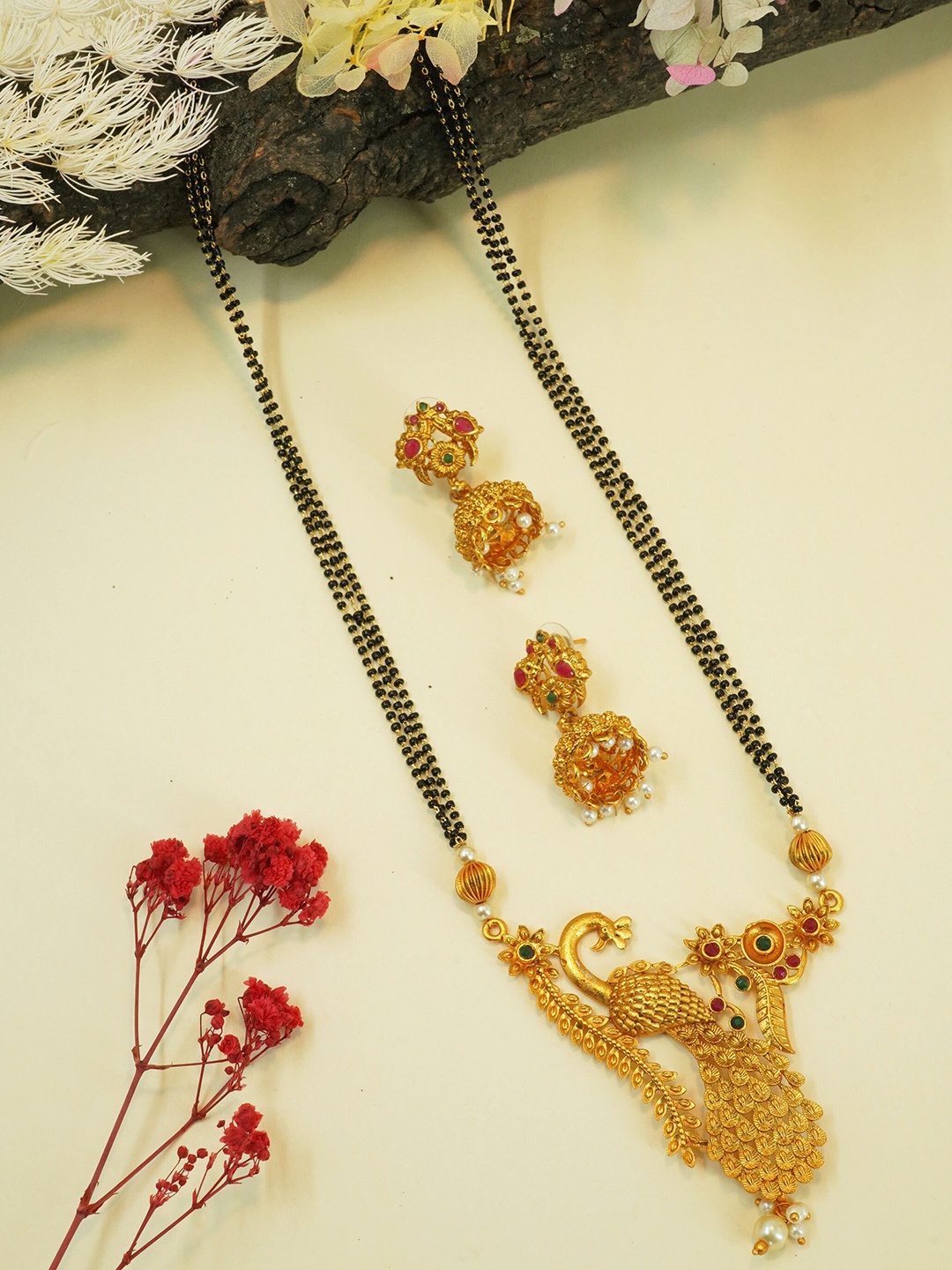 

GRIIHAM Gold-Plated Stone-Studded Peacock Shaped Mangalsutra With Earrings