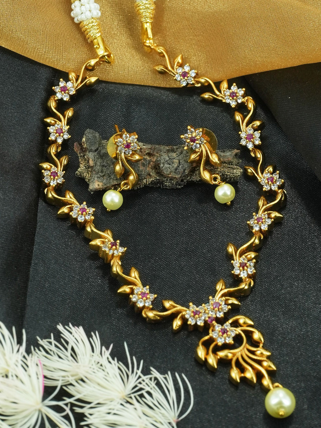 

GRIIHAM Gold-Plated AD Studded & Beaded Jewellery Set