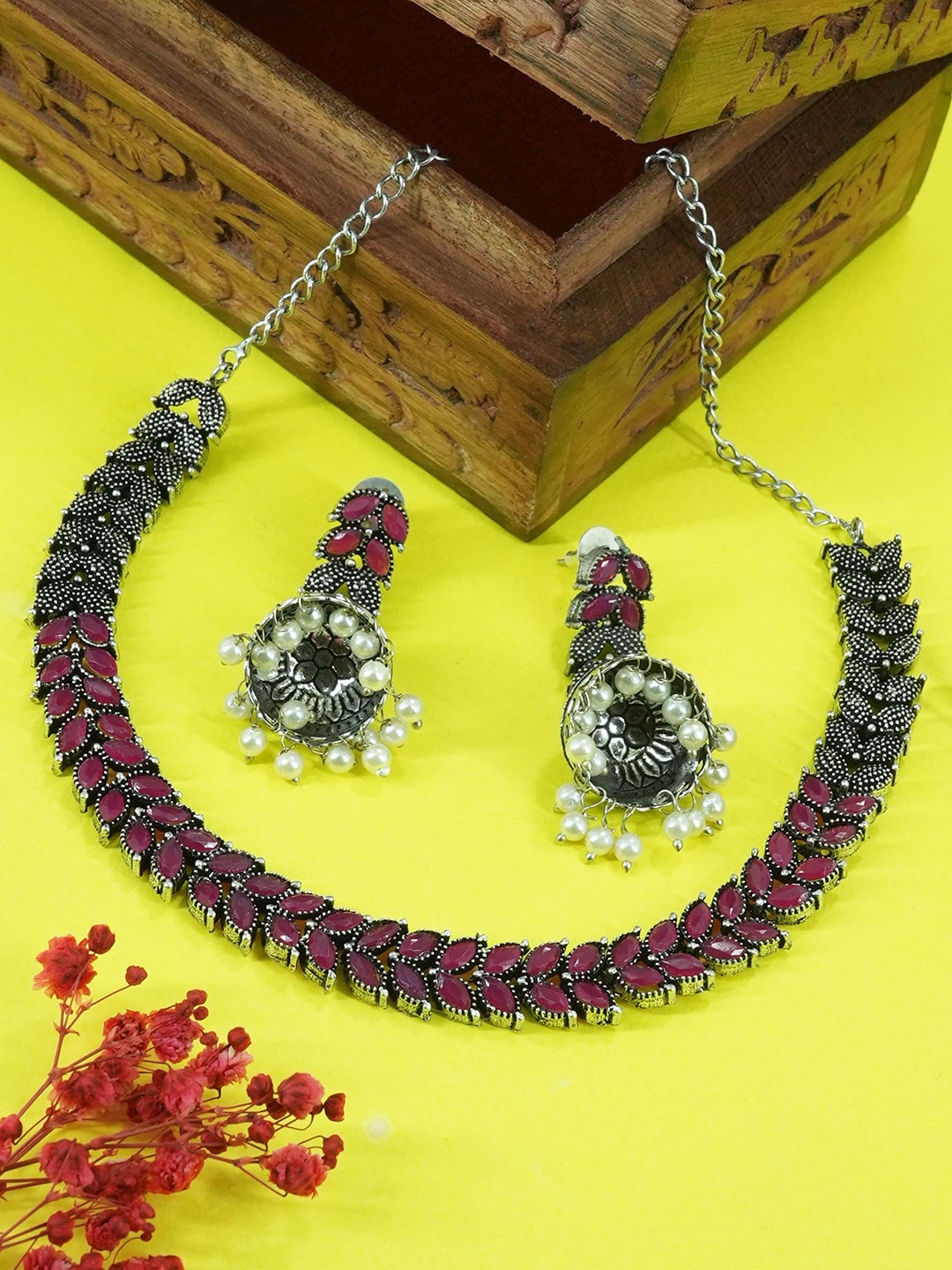 

GRIIHAM Silver-Plated AD Stone-Studded Oxidised Jewellery Set