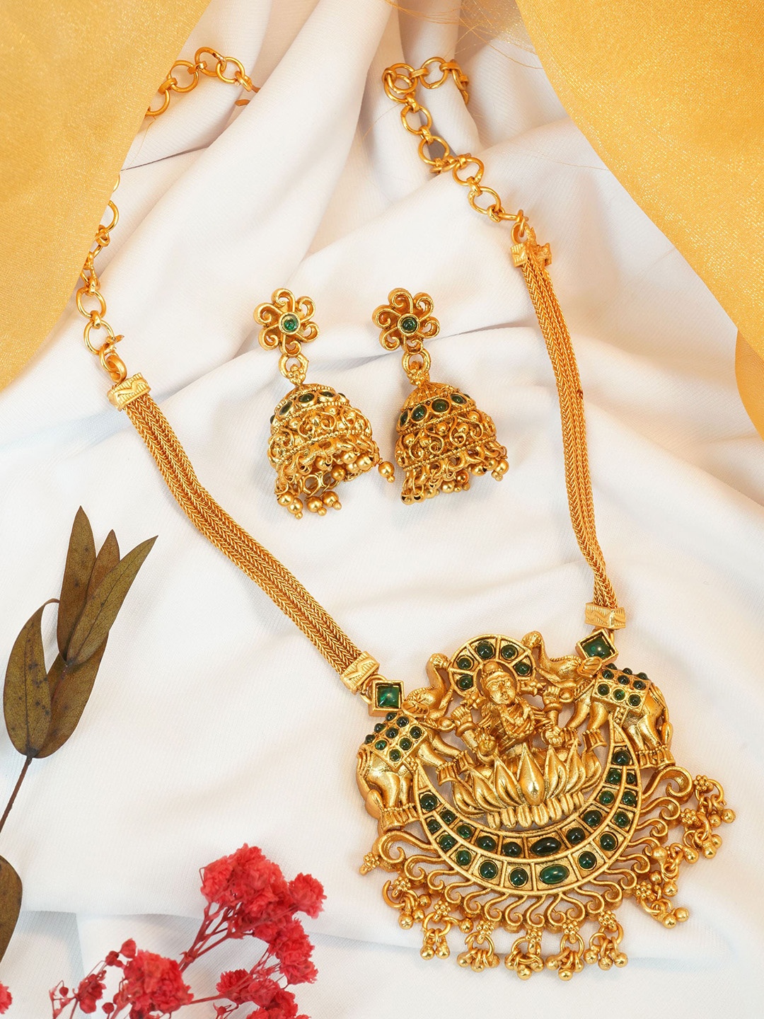 

GRIIHAM Gold-Plated CZ-Studded & Beaded Temple Jewellery Set