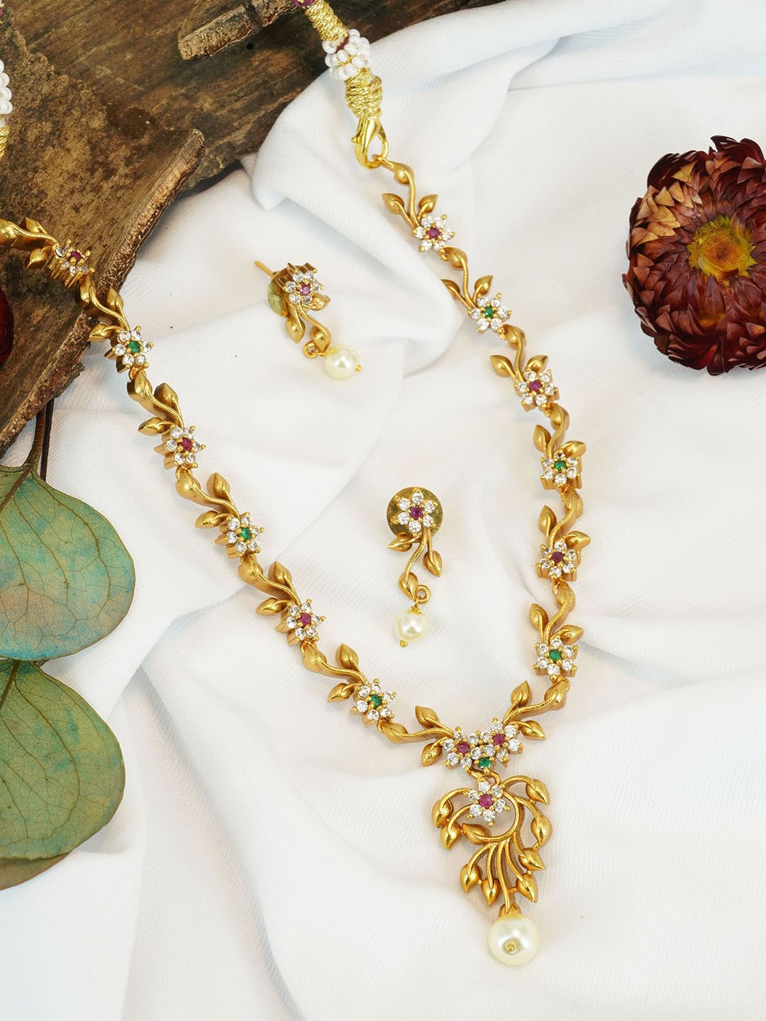 

GRIIHAM Gold-Plated AD Studded & Beaded Jewellery Set