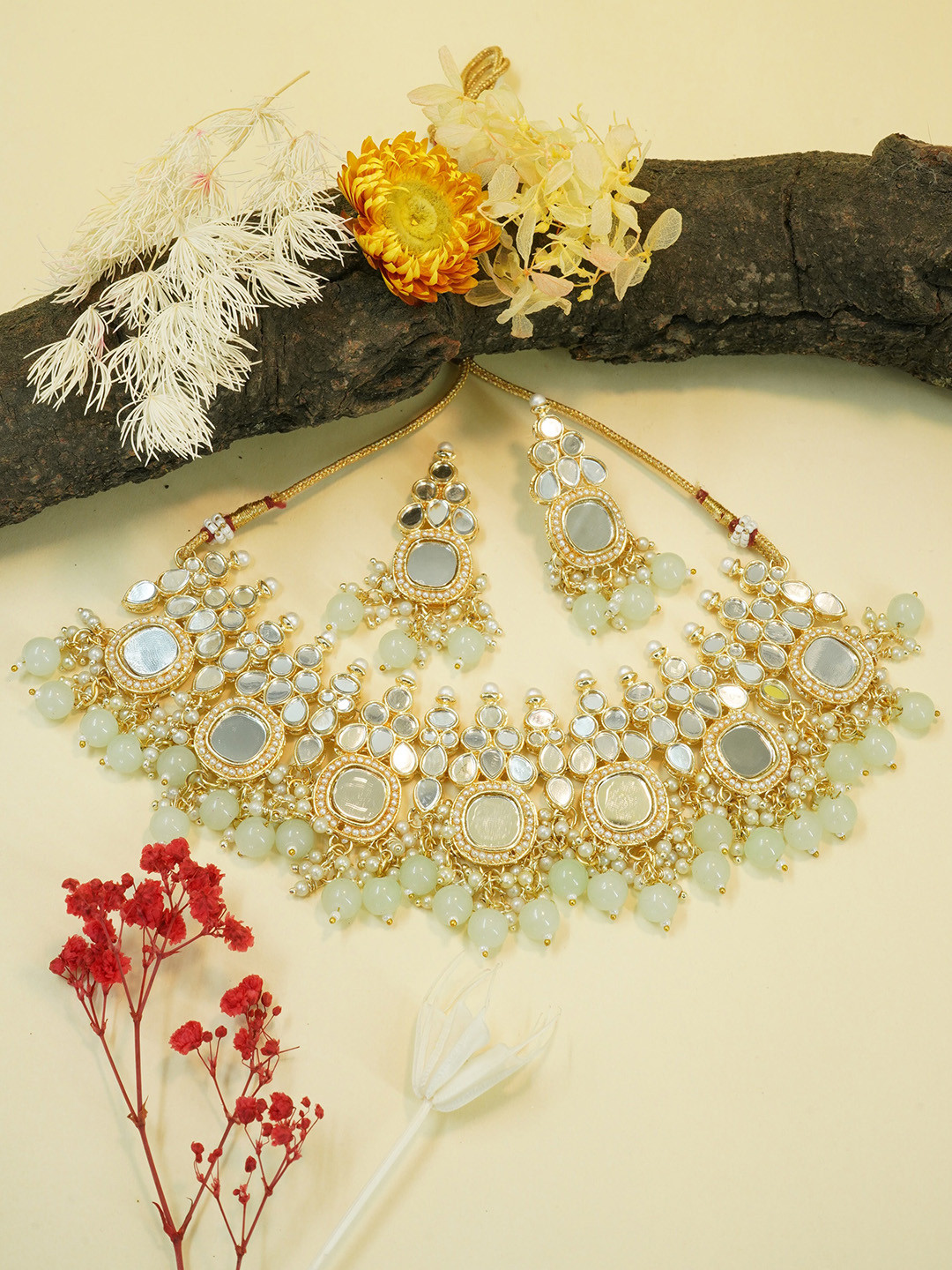 

GRIIHAM Gold-Plated AD Studded & Beaded Mirror Jewellery Set
