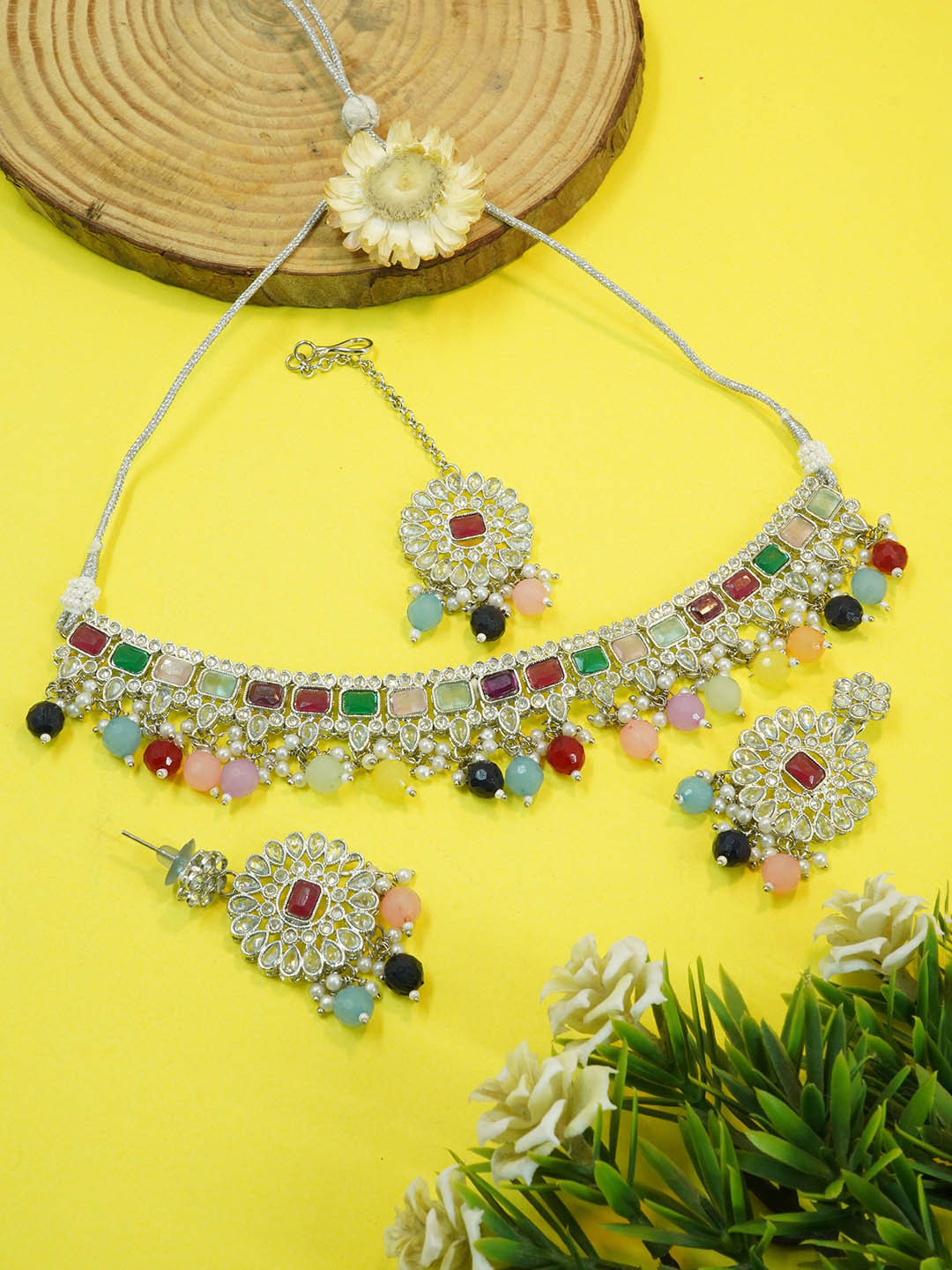 

GRIIHAM Gold-Plated CZ-Studded & Kundan-Beaded Jewellery Set