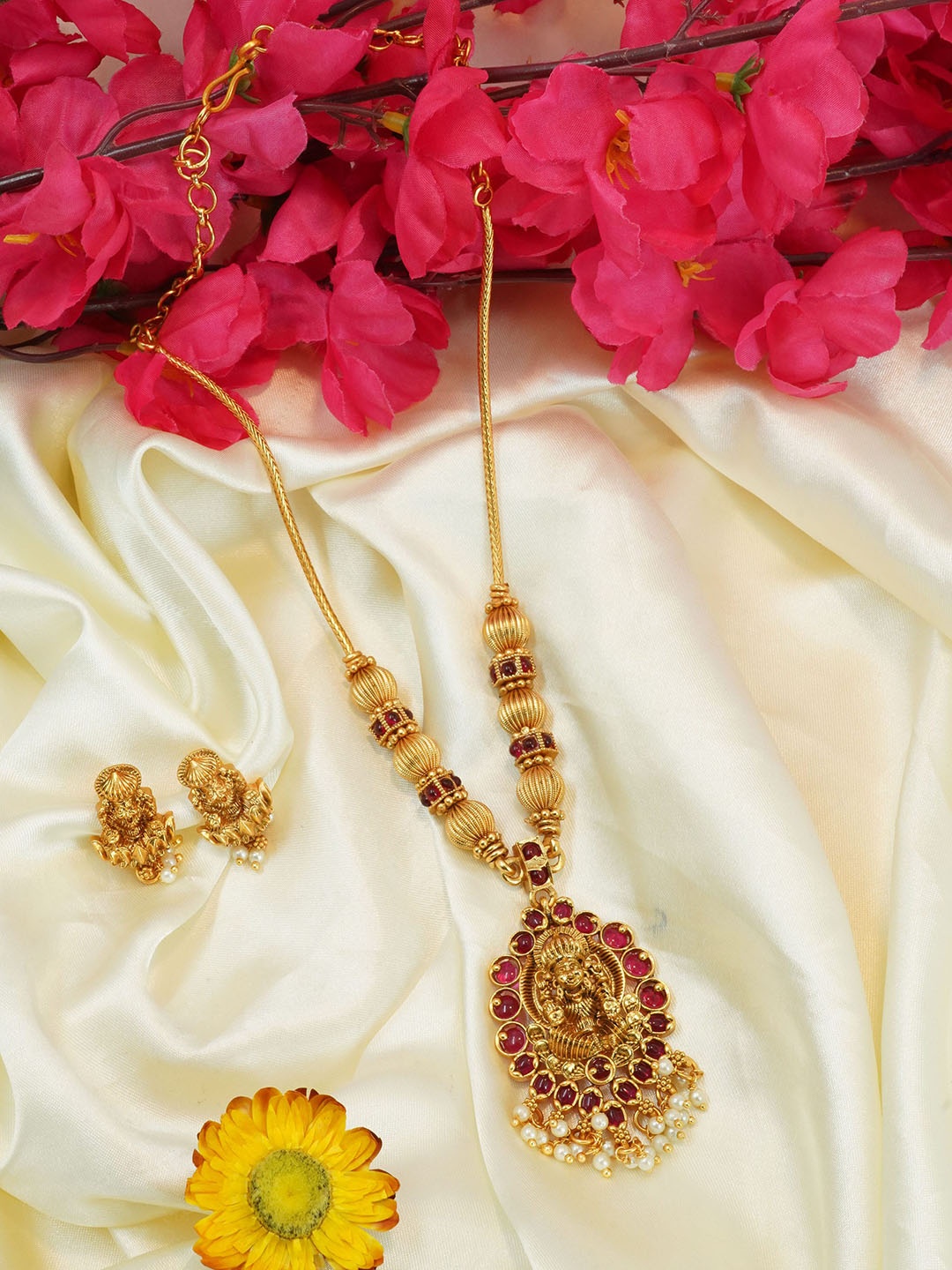 

GRIIHAM Gold-Plated AD Studded & Beaded Temple Jewellery Set