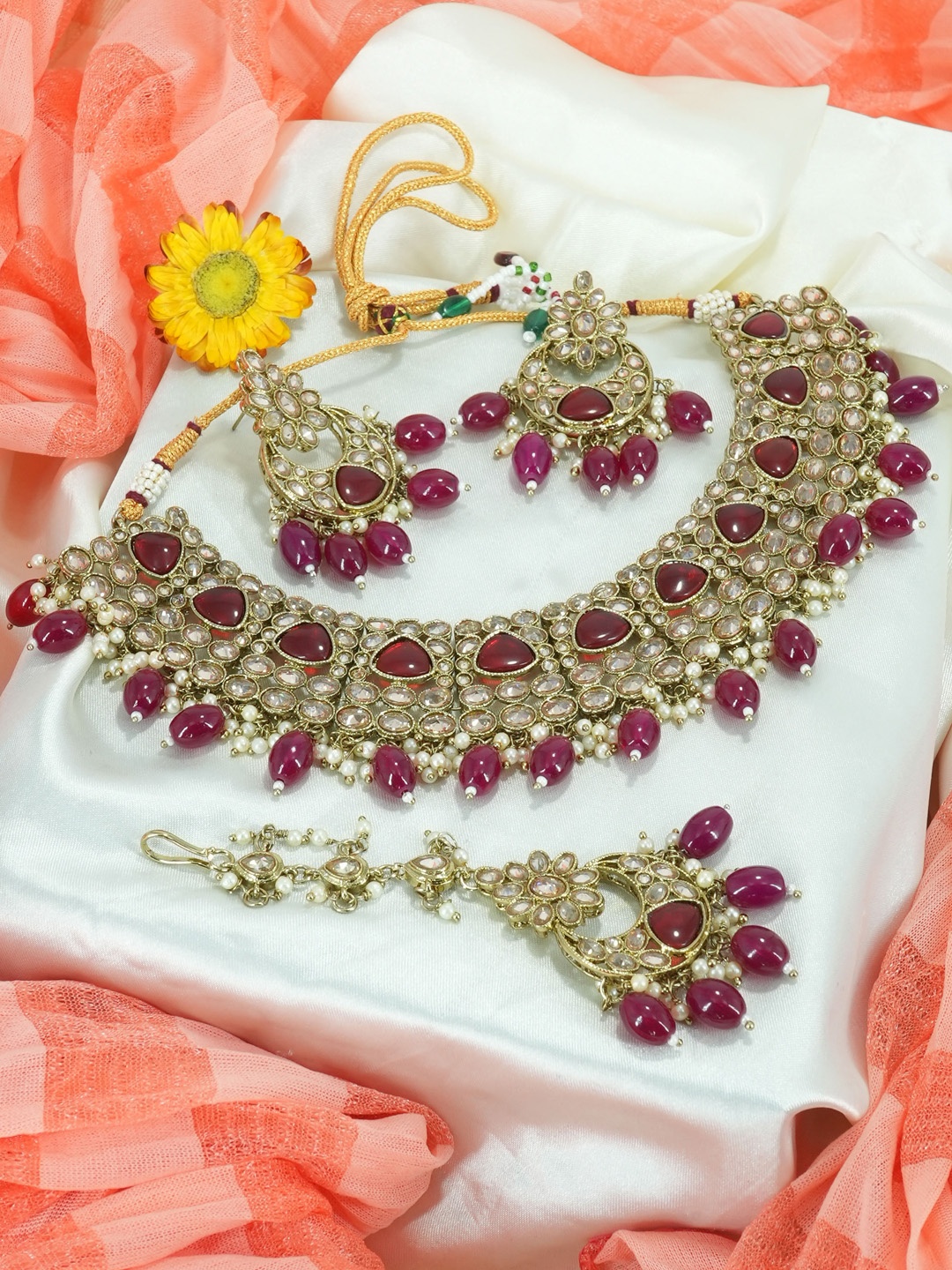 

GRIIHAM Gold-Plated CZ-Studded & Beaded Jewellery Set With Maang Tika