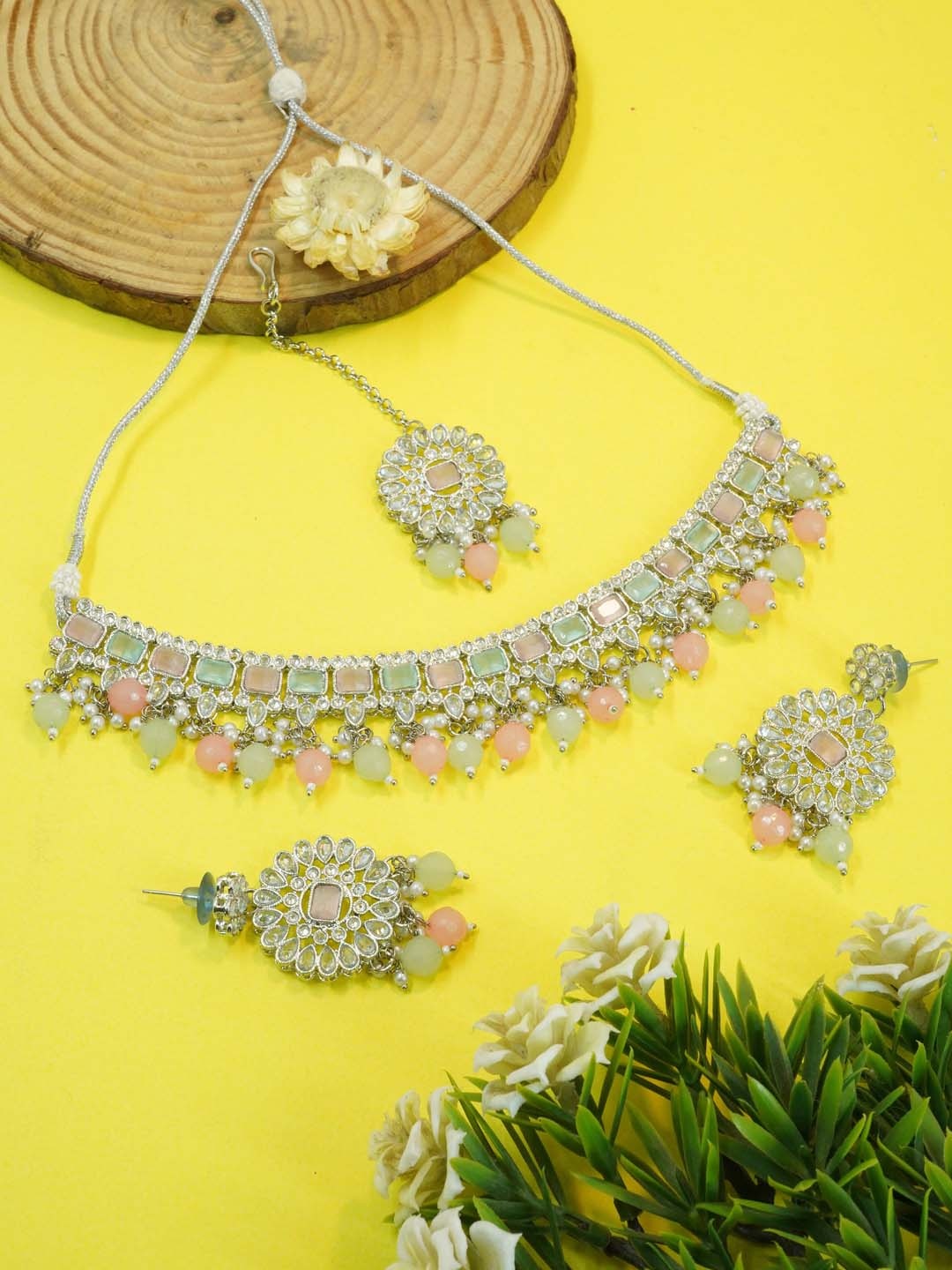 

GRIIHAM Gold-Plated Premium Quality Designer CZ Zercon Stone Studded & Kundan Mirror Beaded Jewellery Set