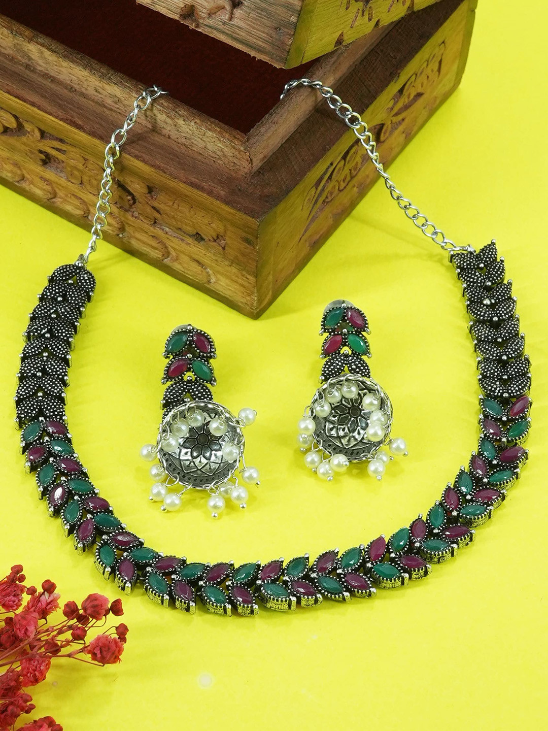 

GRIIHAM Oxidized Silver-Plated AD Studded & Beaded Jewellery Set