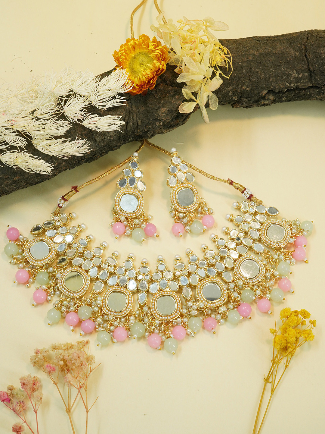 

GRIIHAM Gold-Plated AD Studded & Pearl Beaded Mirror Jewellery Set