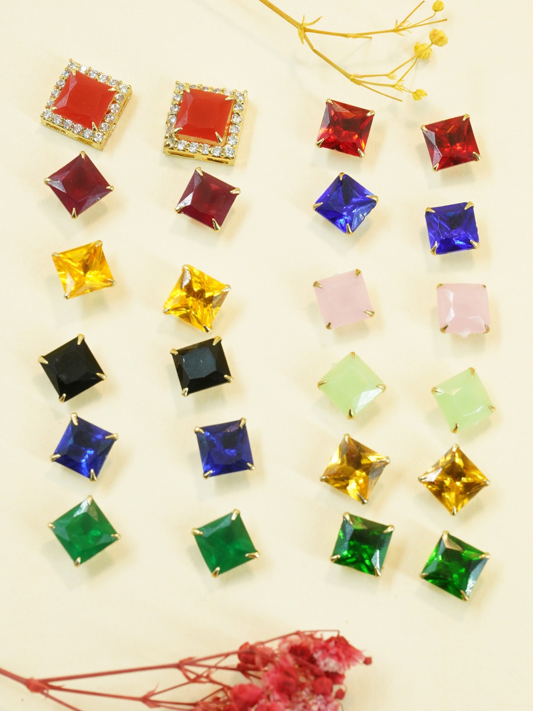 

GRIIHAM Set Of 12 Gold-Plated Square Studs Earrings, Green