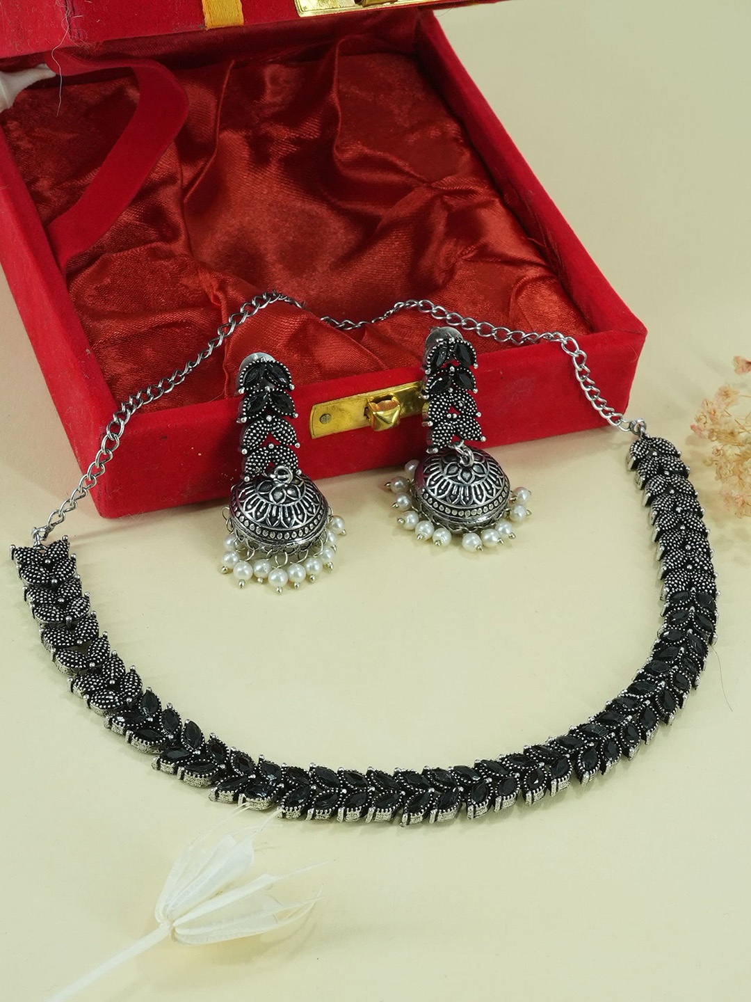 

GRIIHAM Silver-Plated AD-Studded Oxidised Jewellery Set