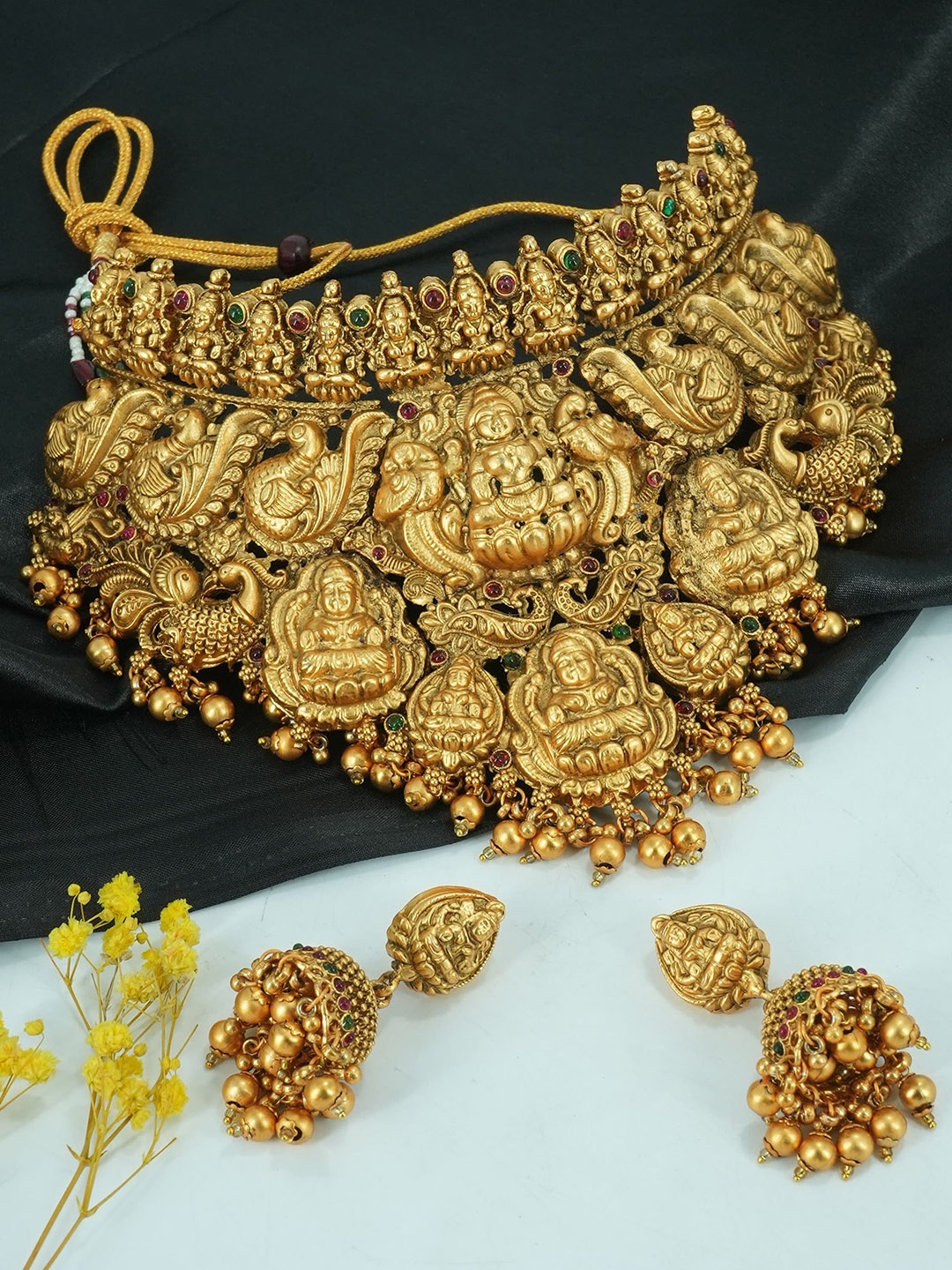 

GRIIHAM Gold-Plated CZ Stone-Studded Laxmi Temple Choker Necklace Set