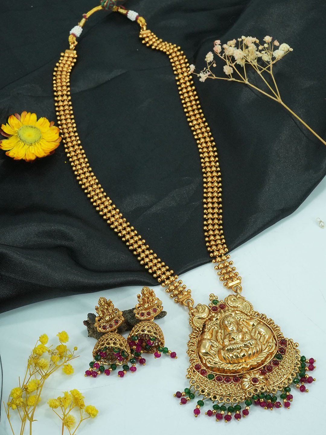 

GRIIHAM Gold-Plated Stone-Studded Temple Motif Brass Jewellery Set