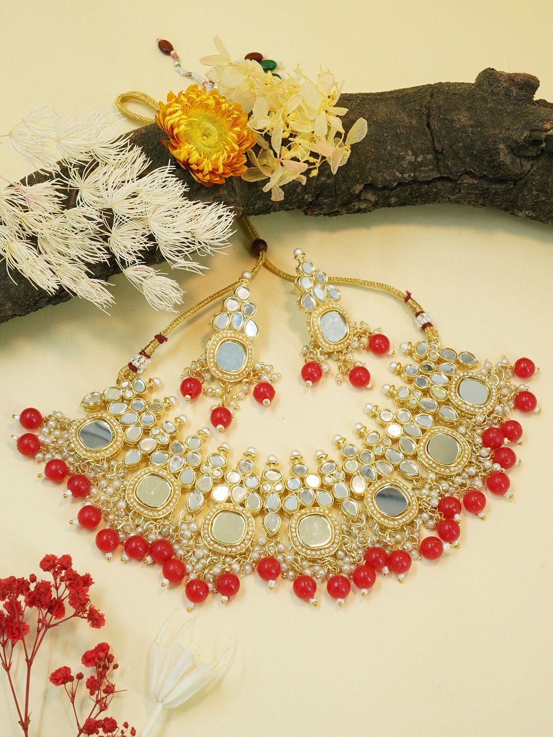 

GRIIHAM Gold-Plated CZ Studded & Beaded Mirror Jewellery Set