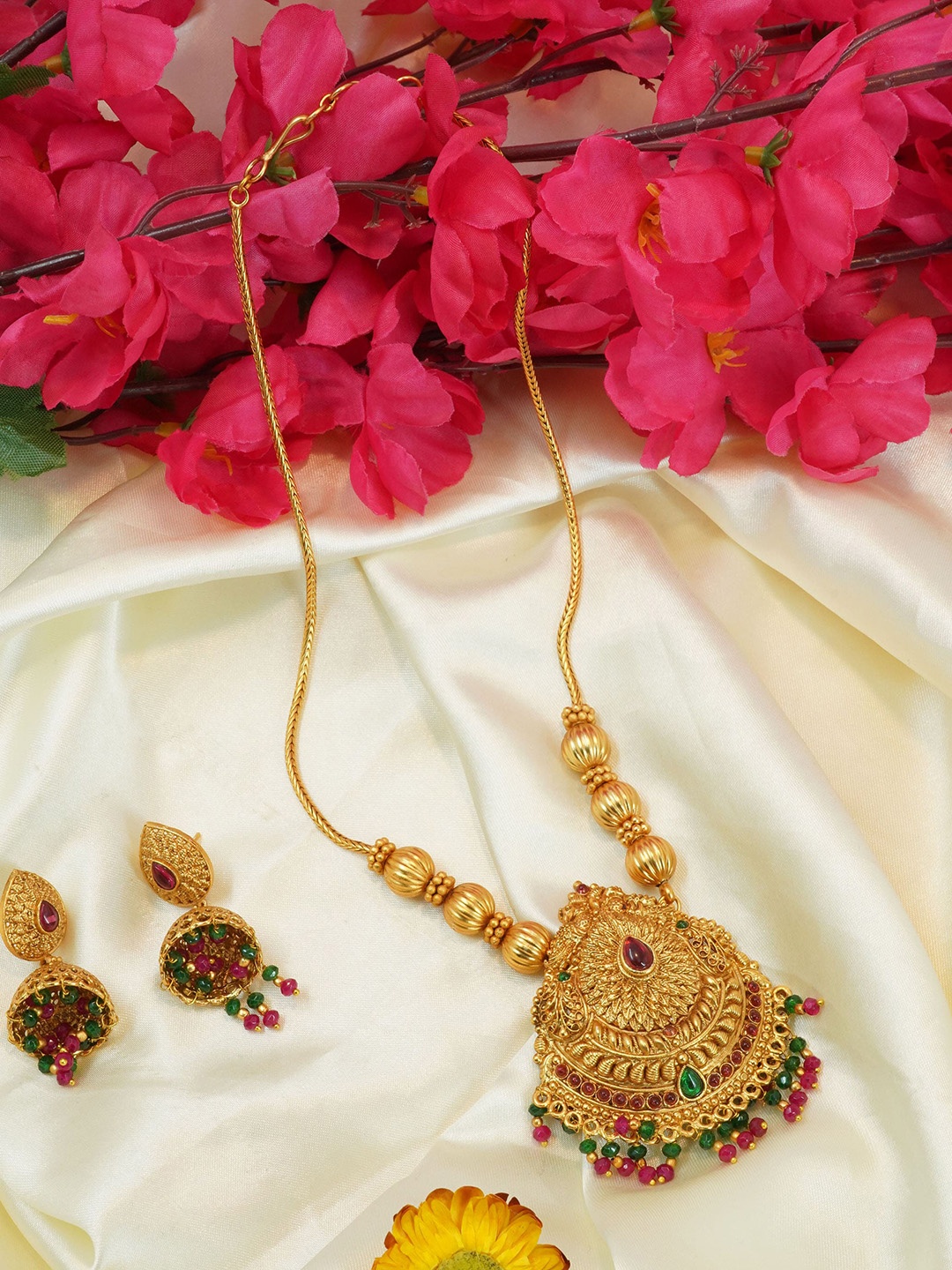 

GRIIHAM Gold-Plated Laxmi Pendant CZ Stone Studded & Beaded Jewellery Set