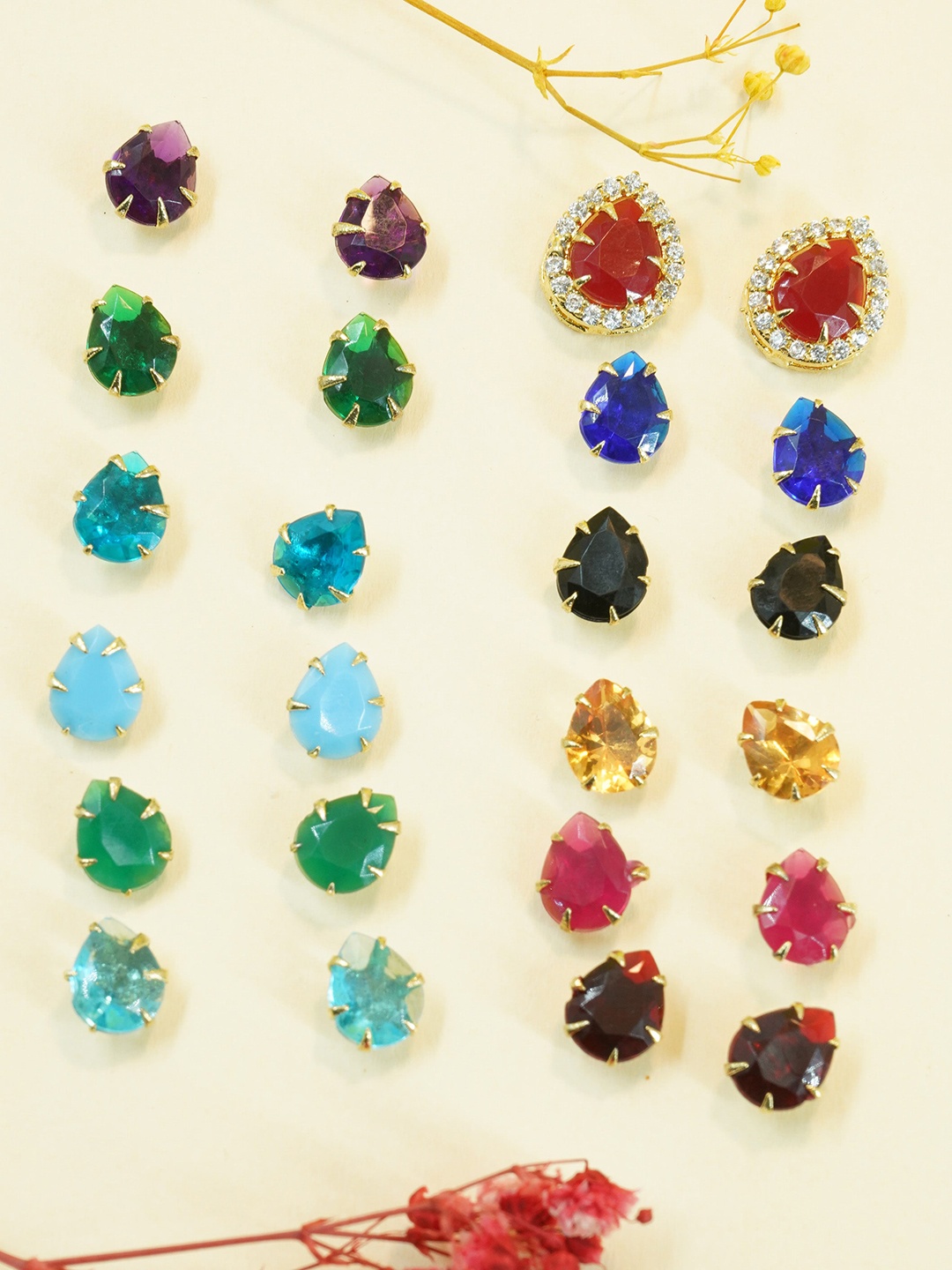 

GRIIHAM Set Of 12 Gold-Plated AD-Studded Teardrop Shaped Studs Earrings, Turquoise blue