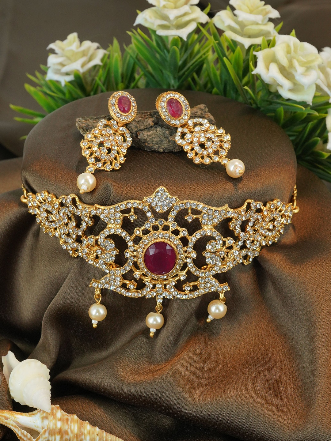 

GRIIHAM Gold-Plated AD Studded & Beaded Jewellery Set