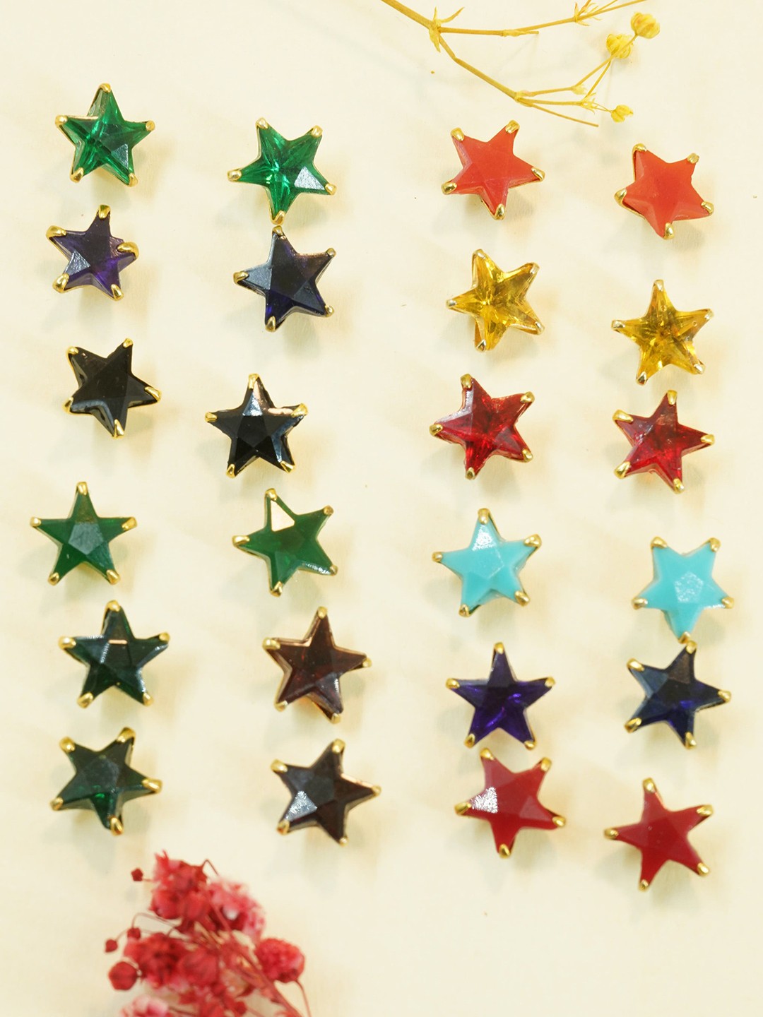 

GRIIHAM Set Of 12 Gold-Plated AD-Studded Star Shaped Studs Earrings, Green