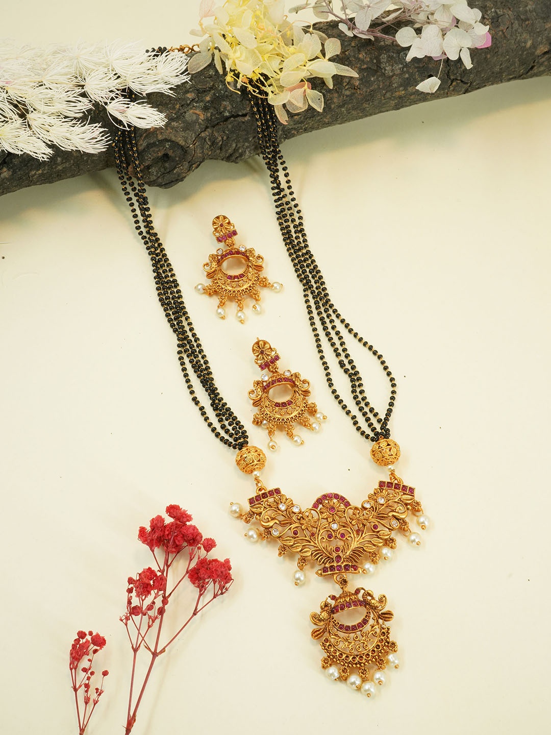 

GRIIHAM Women Gold-Plated Mangalsutra Pendant & Earrings Set, Black