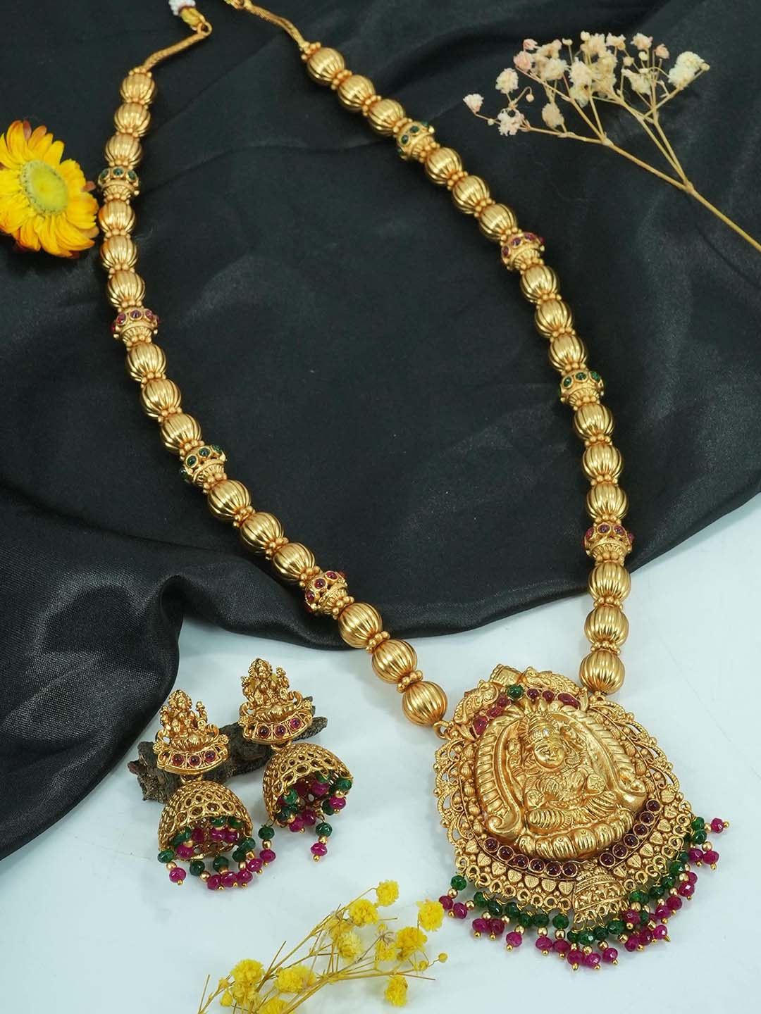 

GRIIHAM Gold-Plated Stone-Studded & Beaded Temple Jewellery Set