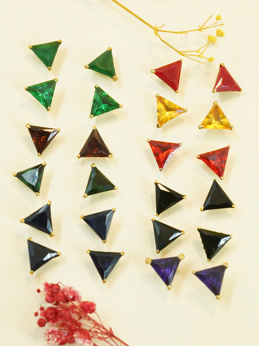 

GRIIHAM Set Of 12 Gold-Plated AD-Studded Geometric Studs Earrings, Green