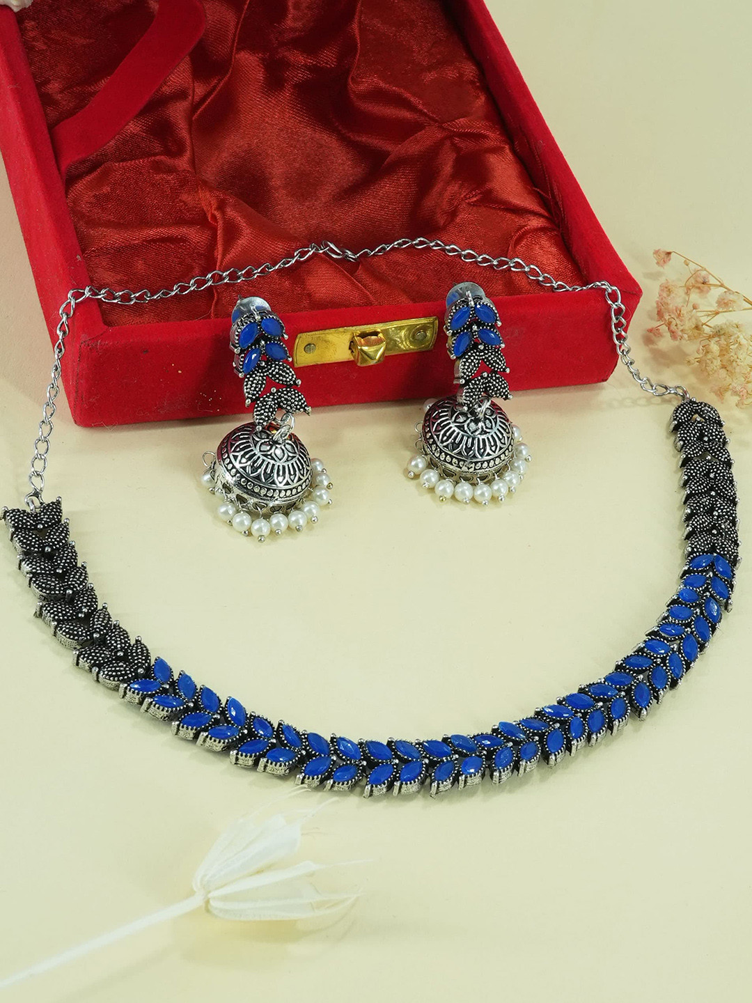 

GRIIHAM Silver-Plated CZ-Studded Oxidized Jewellery Set