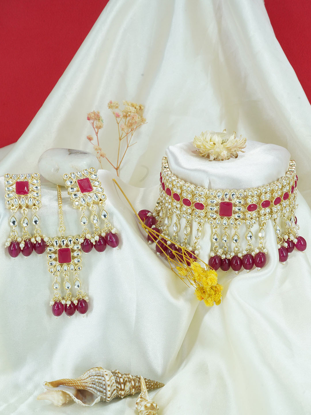 

GRIIHAM Gold-Plated CZ Studded & Beaded Jewellery Set With Maang Tikka