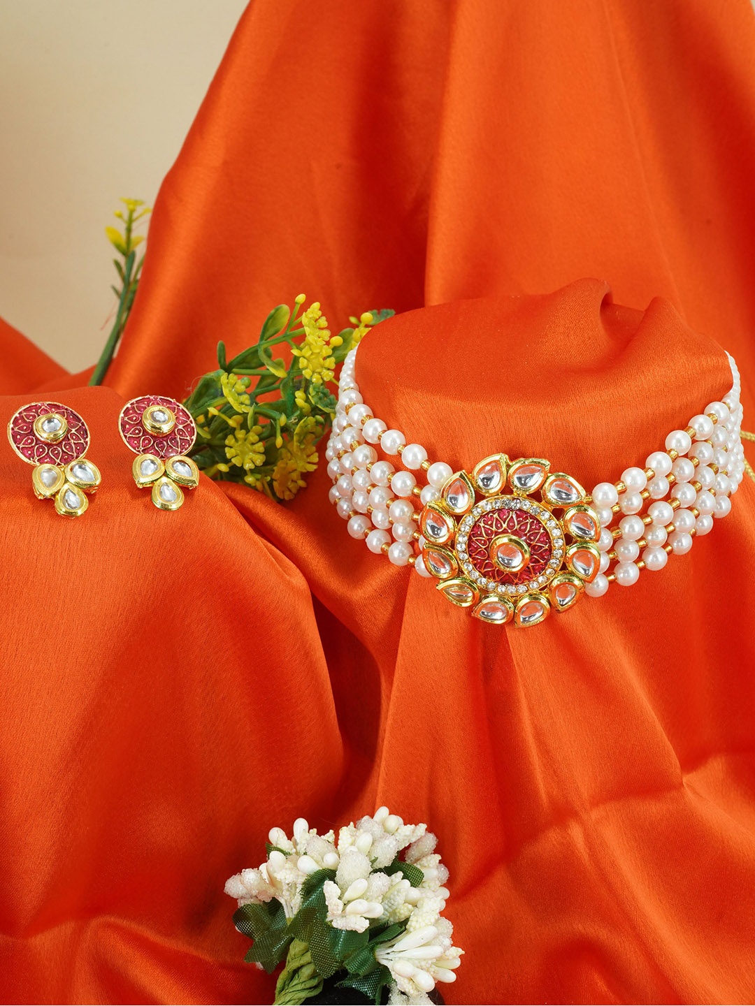 

GRIIHAM Gold-Plated AD Stone Studded & Beaded Choker Jewellery Set