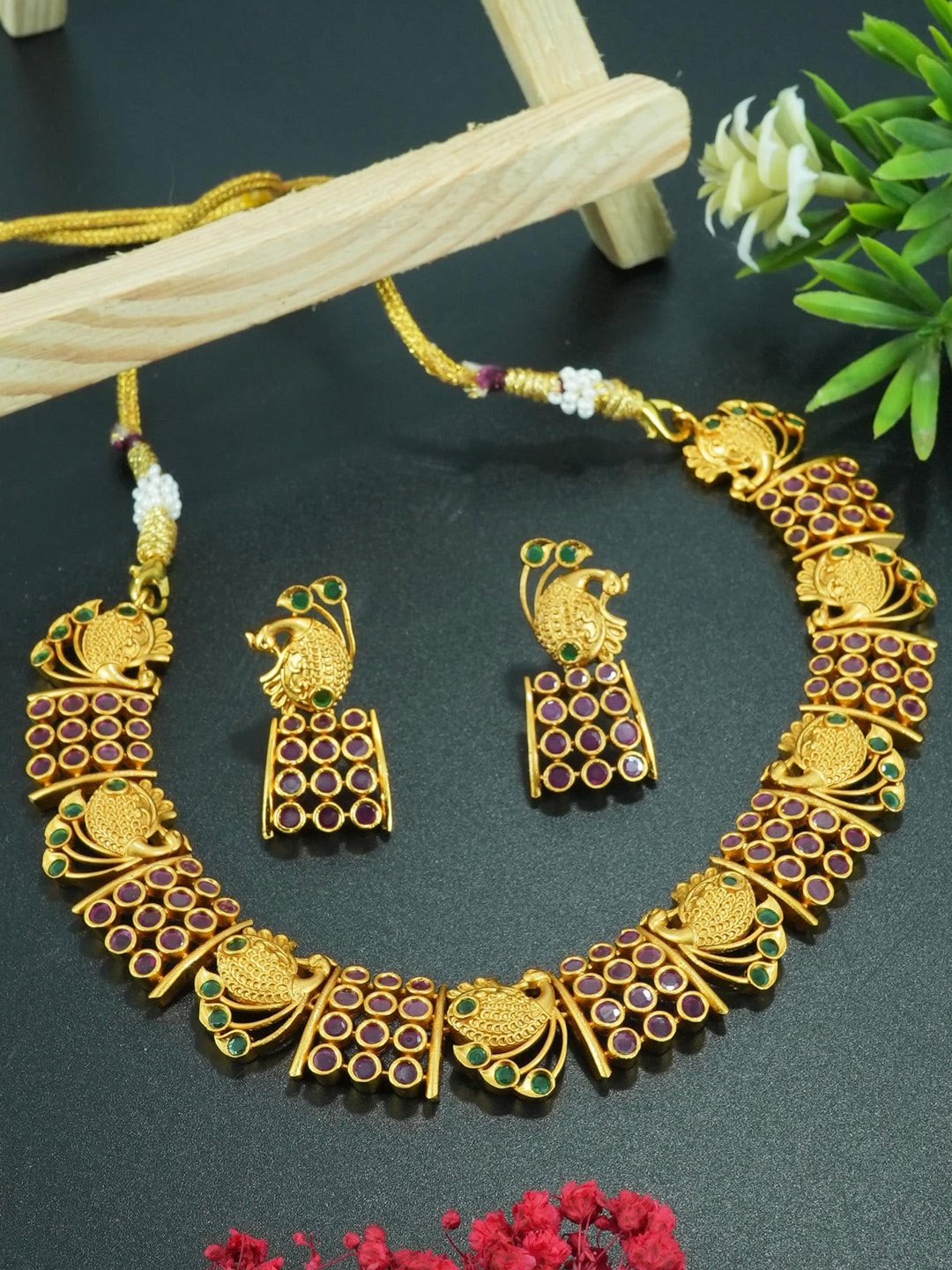 

GRIIHAM Gold-Plated CZ Stone-Studded Peacock Antique Jewellery Set
