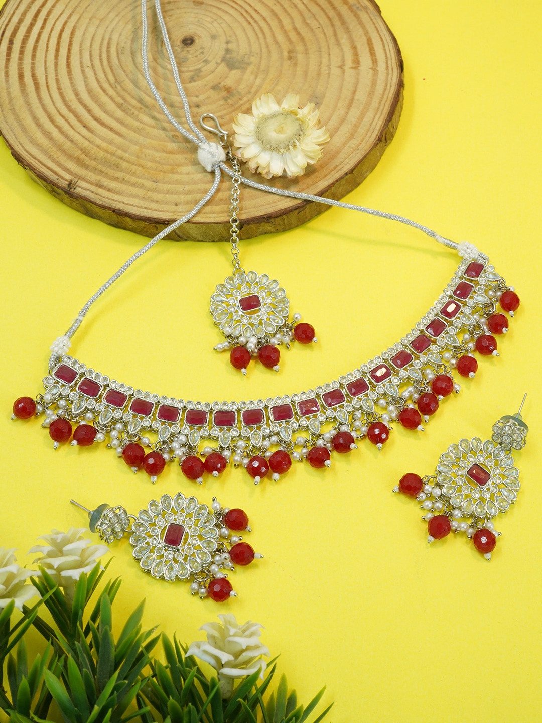 

GRIIHAM Silver-Plated CZ-Studded & Kundan-Beaded Jewellery Set With Maang Tika, Gold