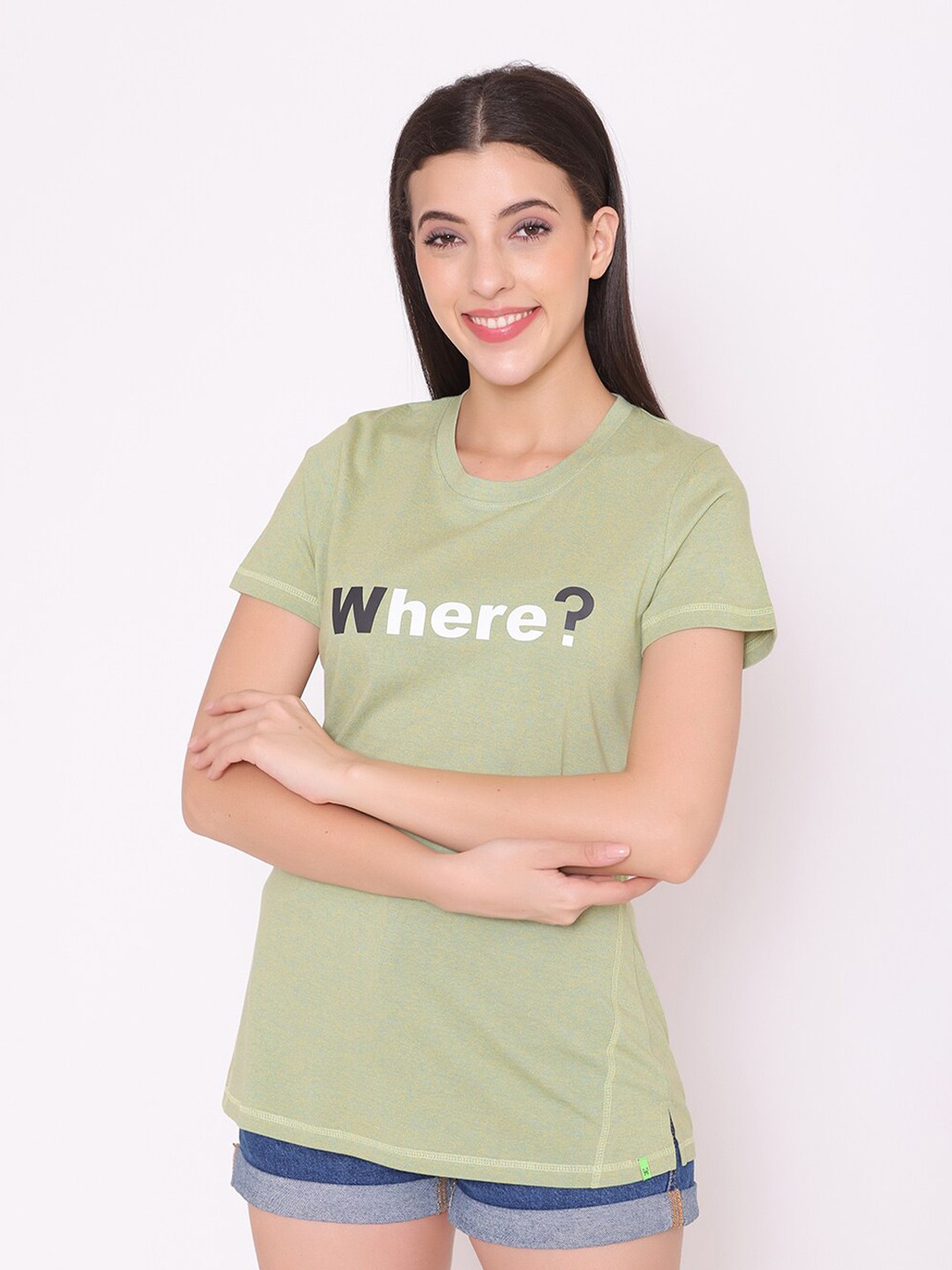 

TITTLI Women Olive Green Typography Printed Extended Sleeves Applique T-shirt