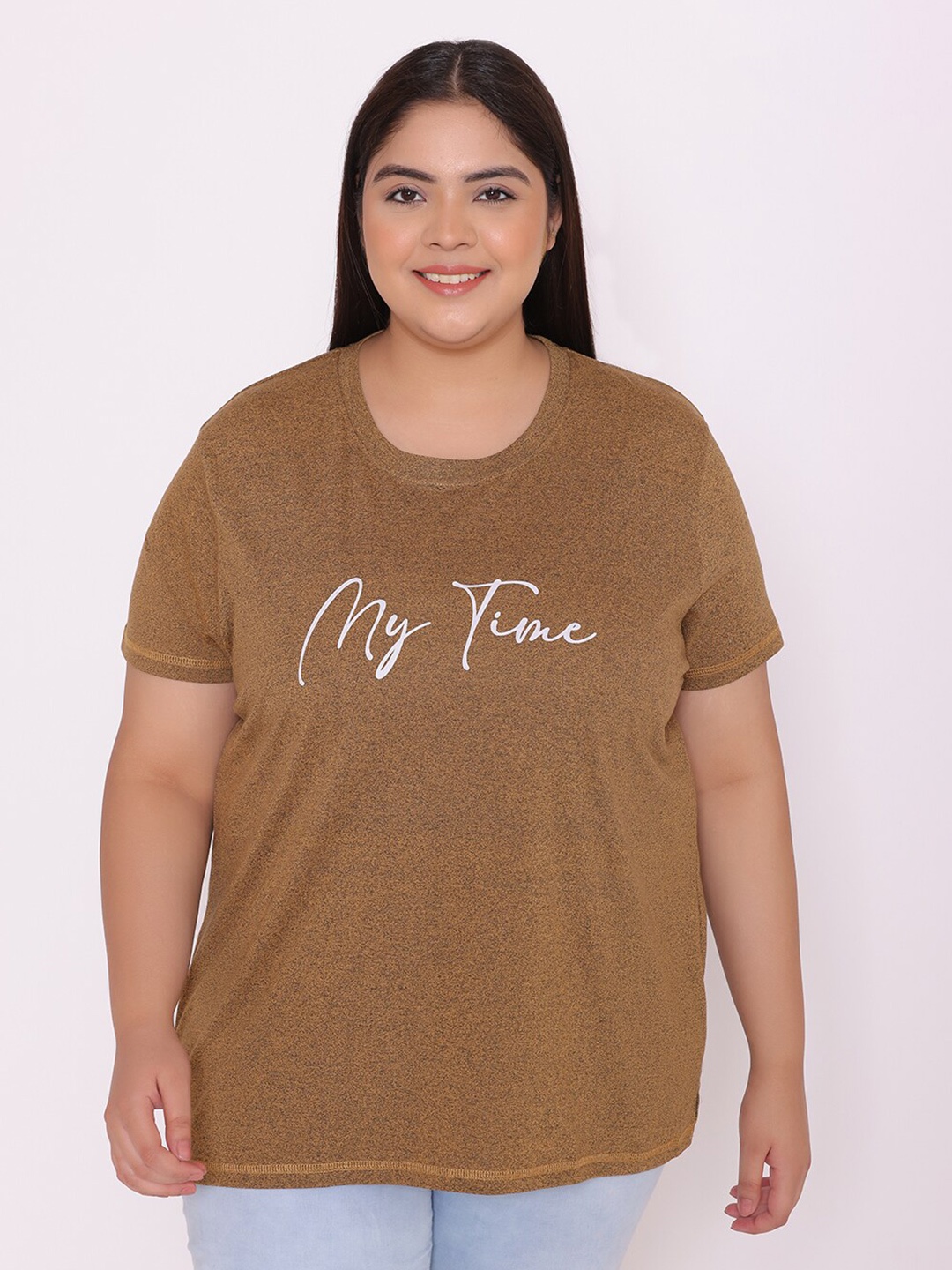 

TITTLI Women Plus size Typography Printed T-shirt, Coffee brown