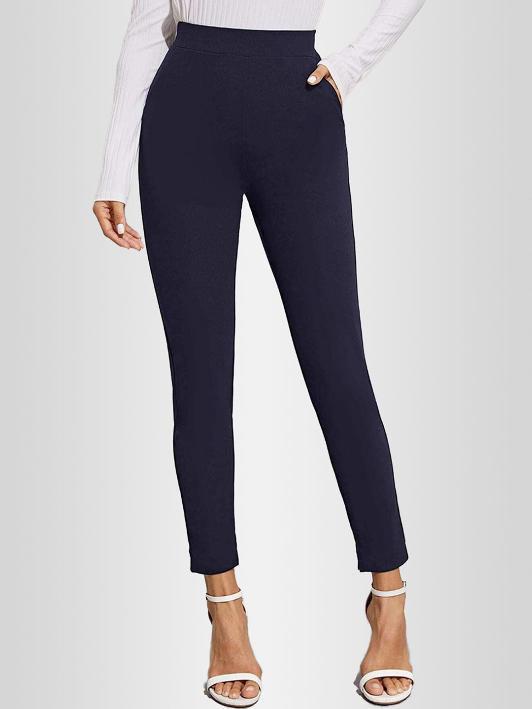 

Velmita Women Slim Fit High-Rise Cropped Trousers, Navy blue