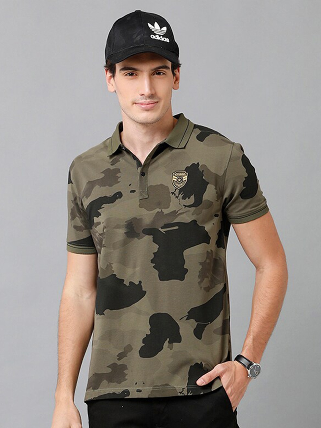 

CP BRO Men Olive Printed Polo Collar Cotton T-shirt