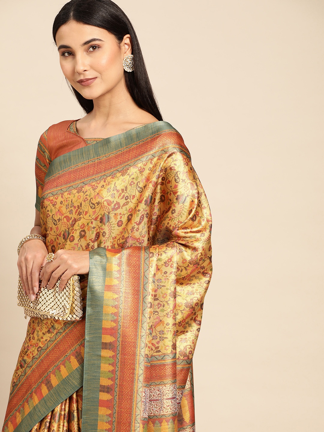 

CliqSilk Floral Zari Art Silk Kanjeevaram Saree, Orange