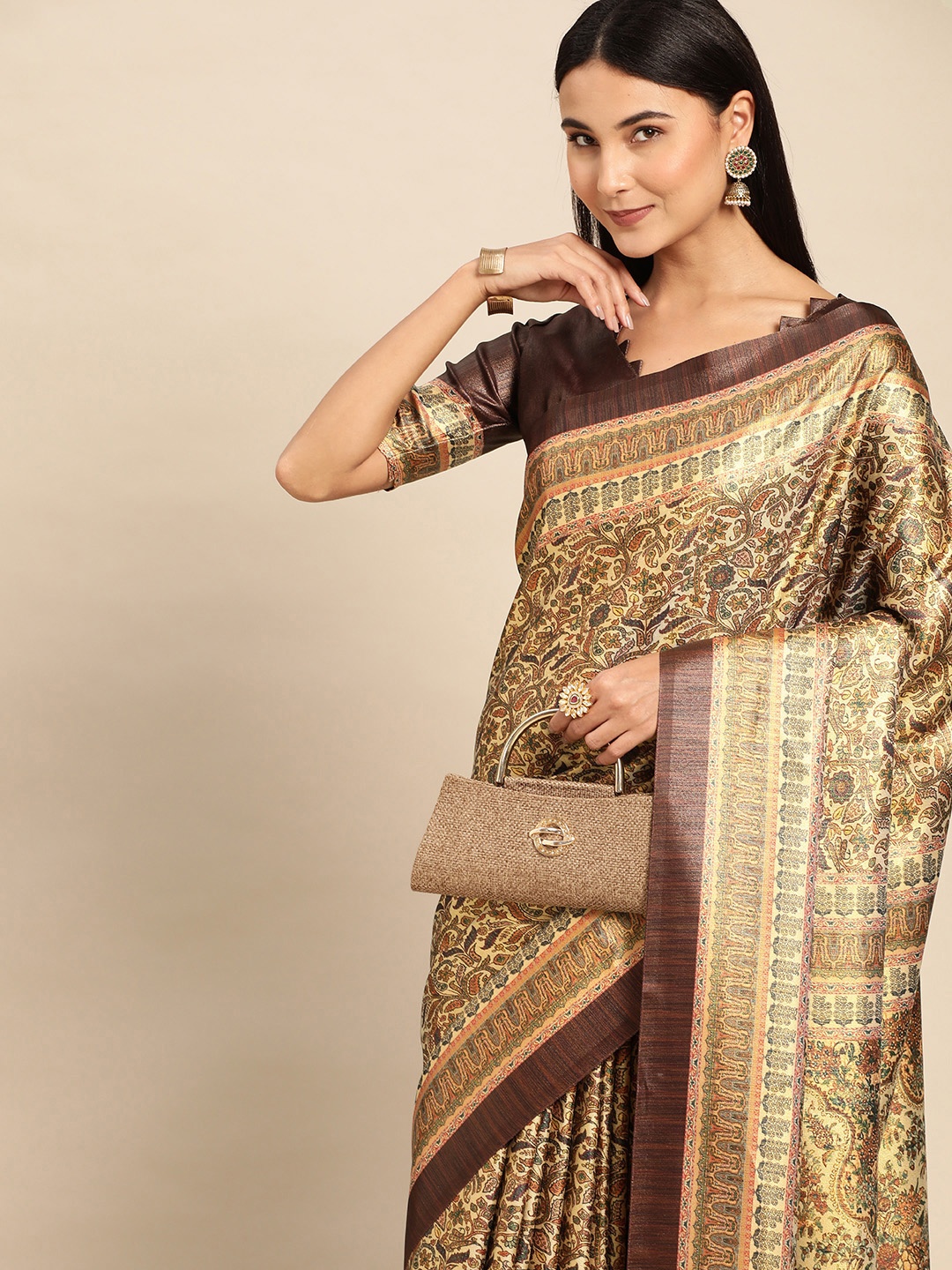 

CliqSilk Floral Zari Art Silk Kanjeevaram Saree, Brown
