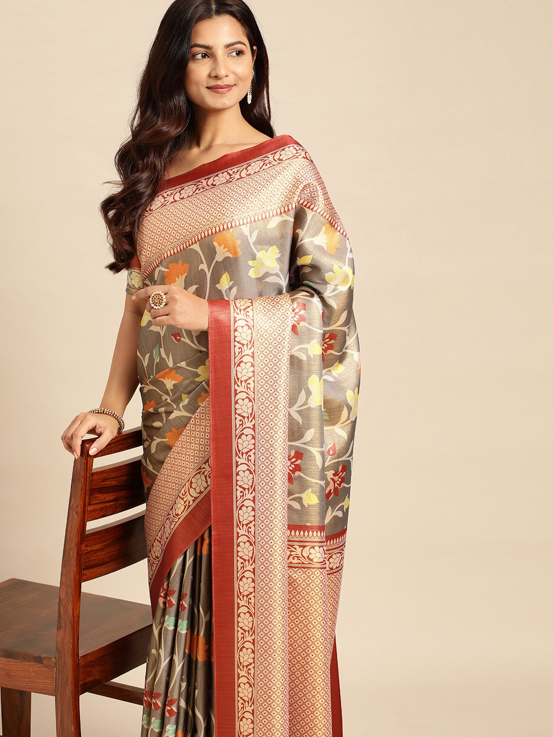 

CliqSilk Ethnic Motifs Printed Art Silk Kanjeevaram Saree, Brown