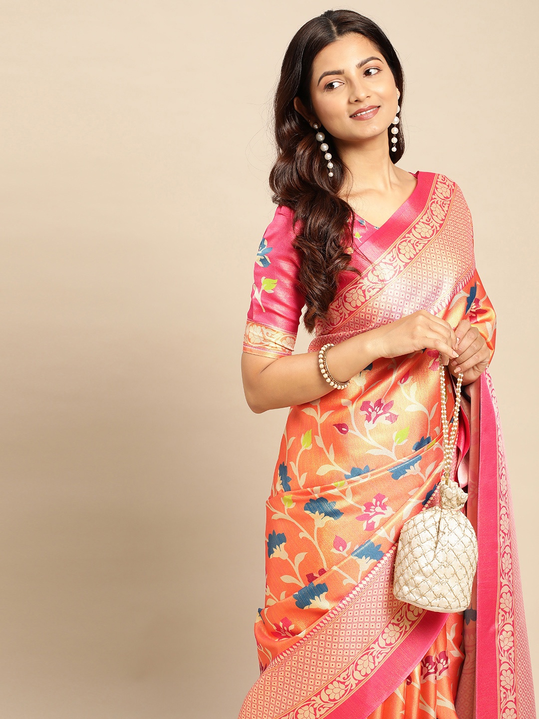

CliqSilk Ethnic Motifs Printed Art Silk Kanjeevaram Saree, Orange
