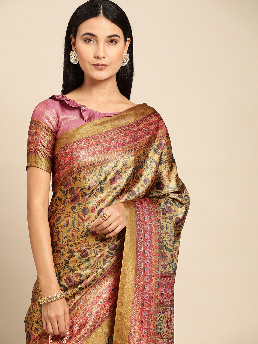 

CliqSilk Floral Zari Art Silk Kanjeevaram Saree, Green