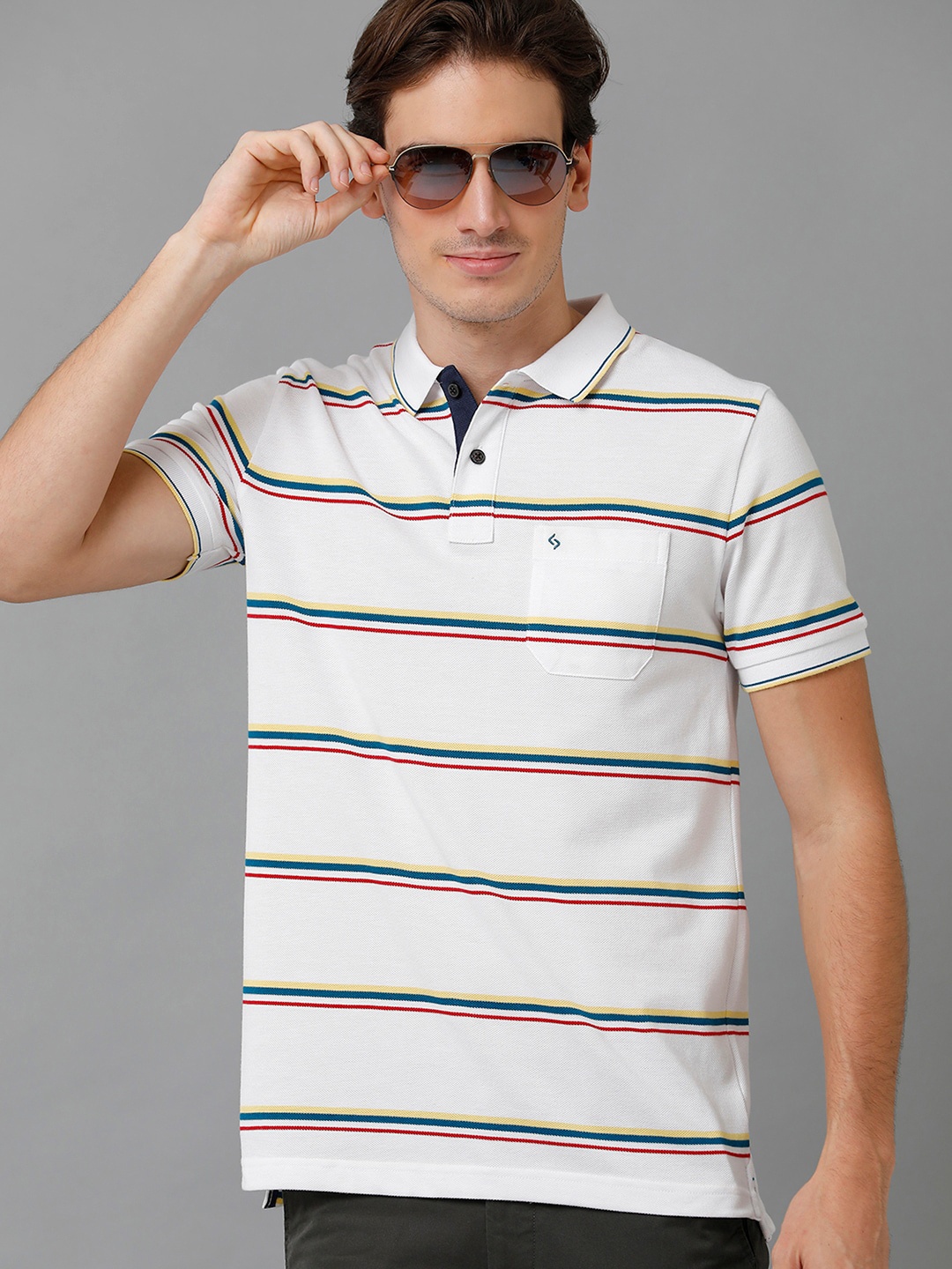 

Classic Polo Men Striped Polo Collar Cotton T-shirt, Off white