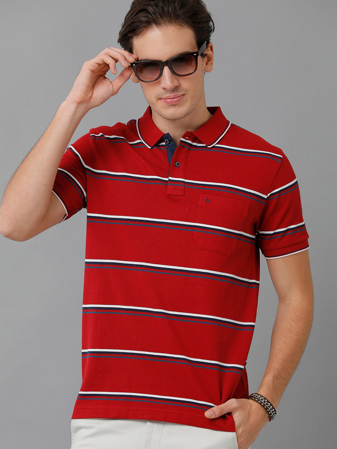 

Classic Polo Men Striped Polo Collar Slim Fit Cotton T-shirt, Red