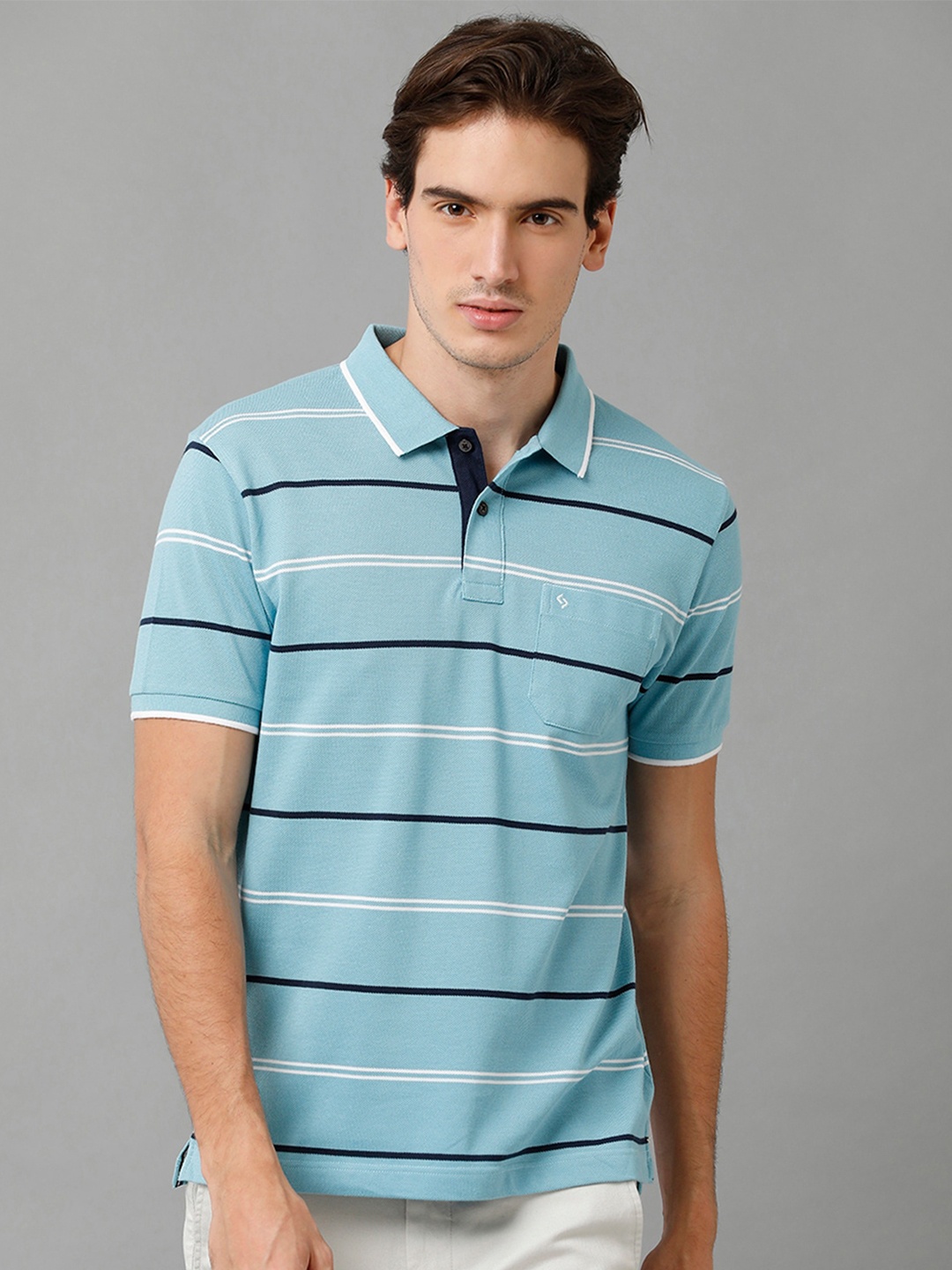 

Classic Polo Men Striped Polo Collar Slim Fit Cotton T-shirt, Blue