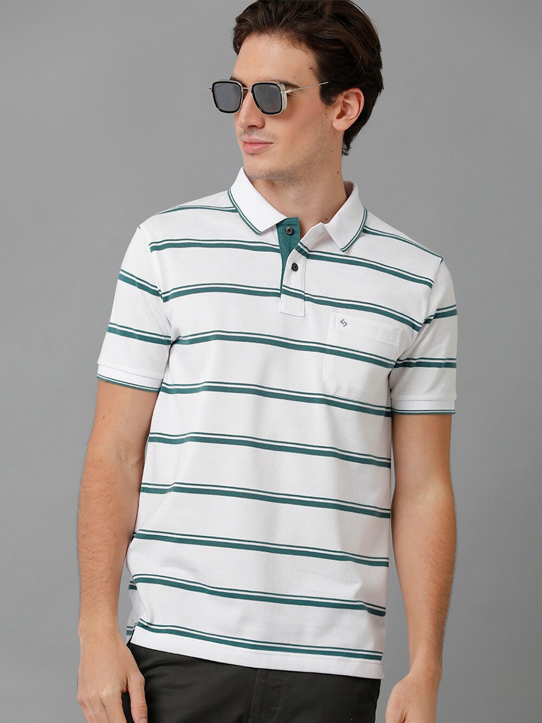

Classic Polo Men Striped Polo Collar Slim Fit Cotton T-shirt, White