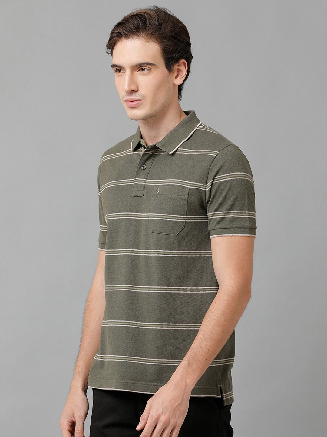 

Classic Polo Men Striped Polo Collar Slim Fit Cotton T-shirt, Olive