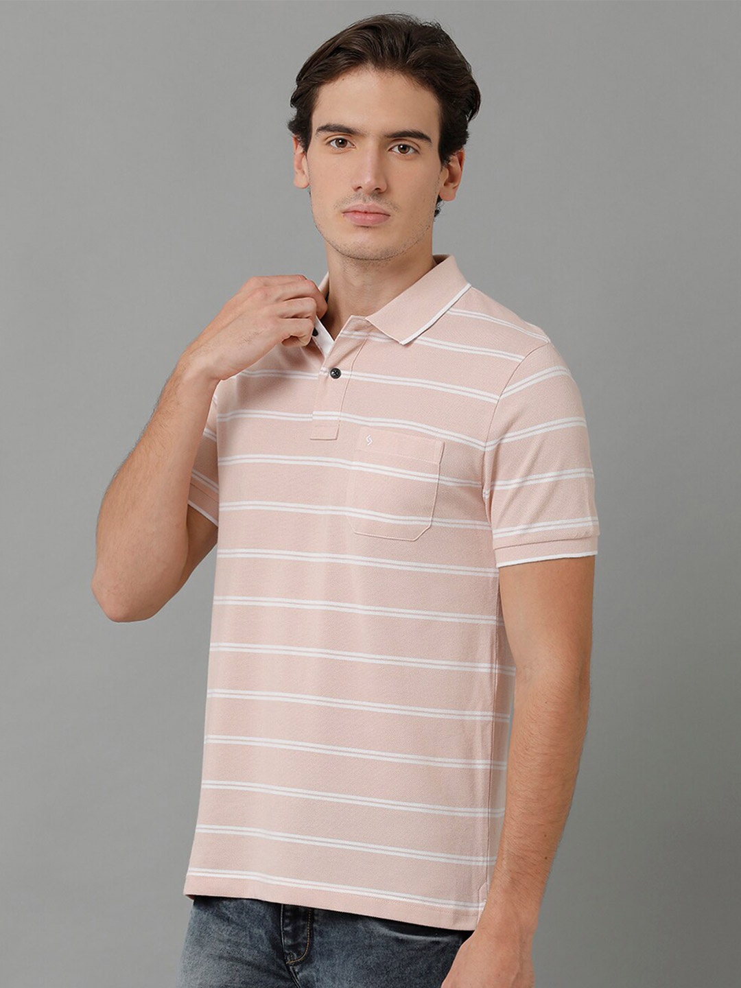 

Classic Polo Men Striped Polo Collar Slim Fit Cotton T-shirt, Cream