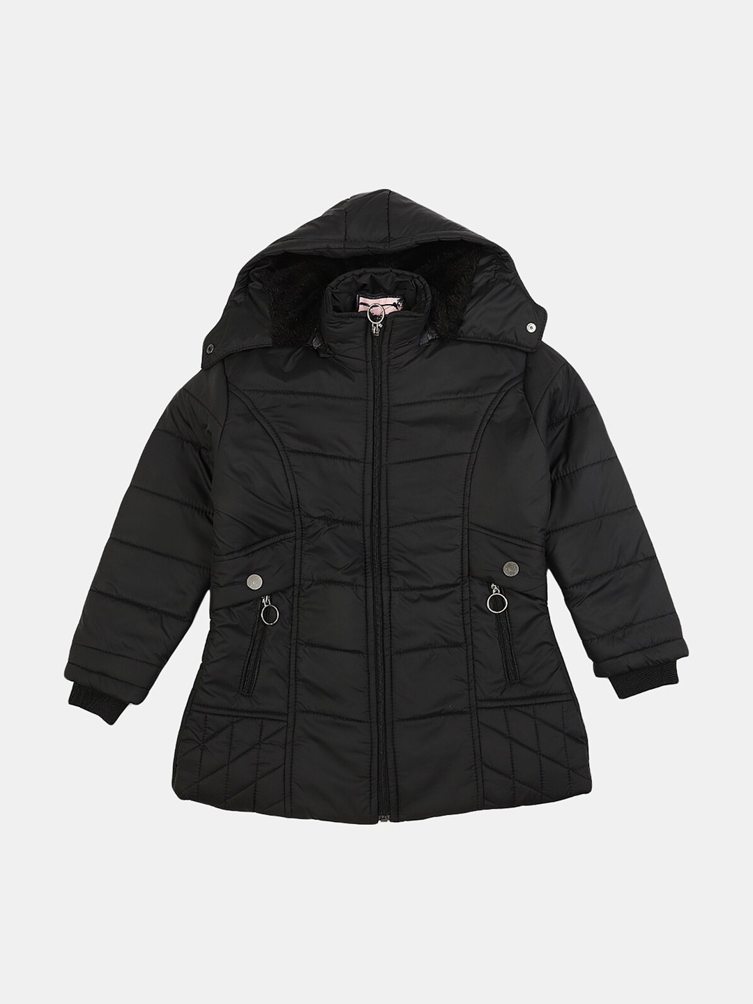 

V-Mart Girls Hooded Longline Cotton Parka Jacket, Black