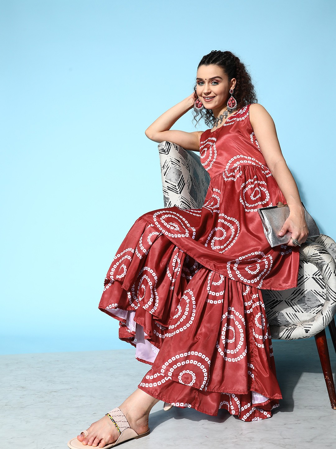 

InWeave Women Bandhani Printed Pleated Kurta with Sharara, Maroon