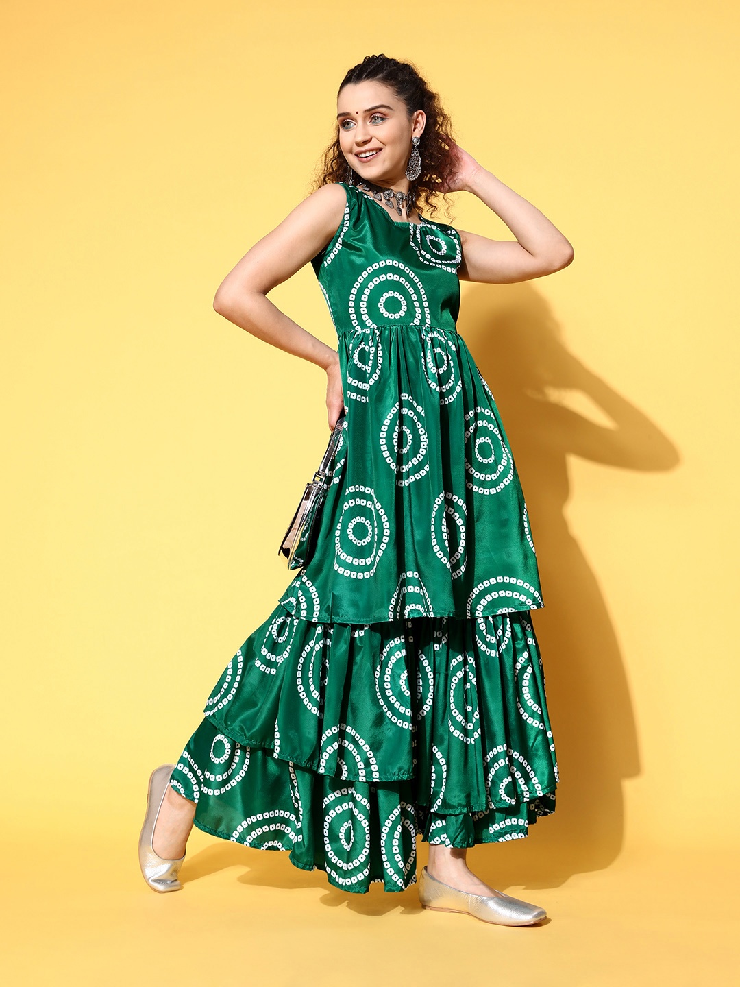 

InWeave Women Bandhani Printed Pleated Kurta with Sharara, Green