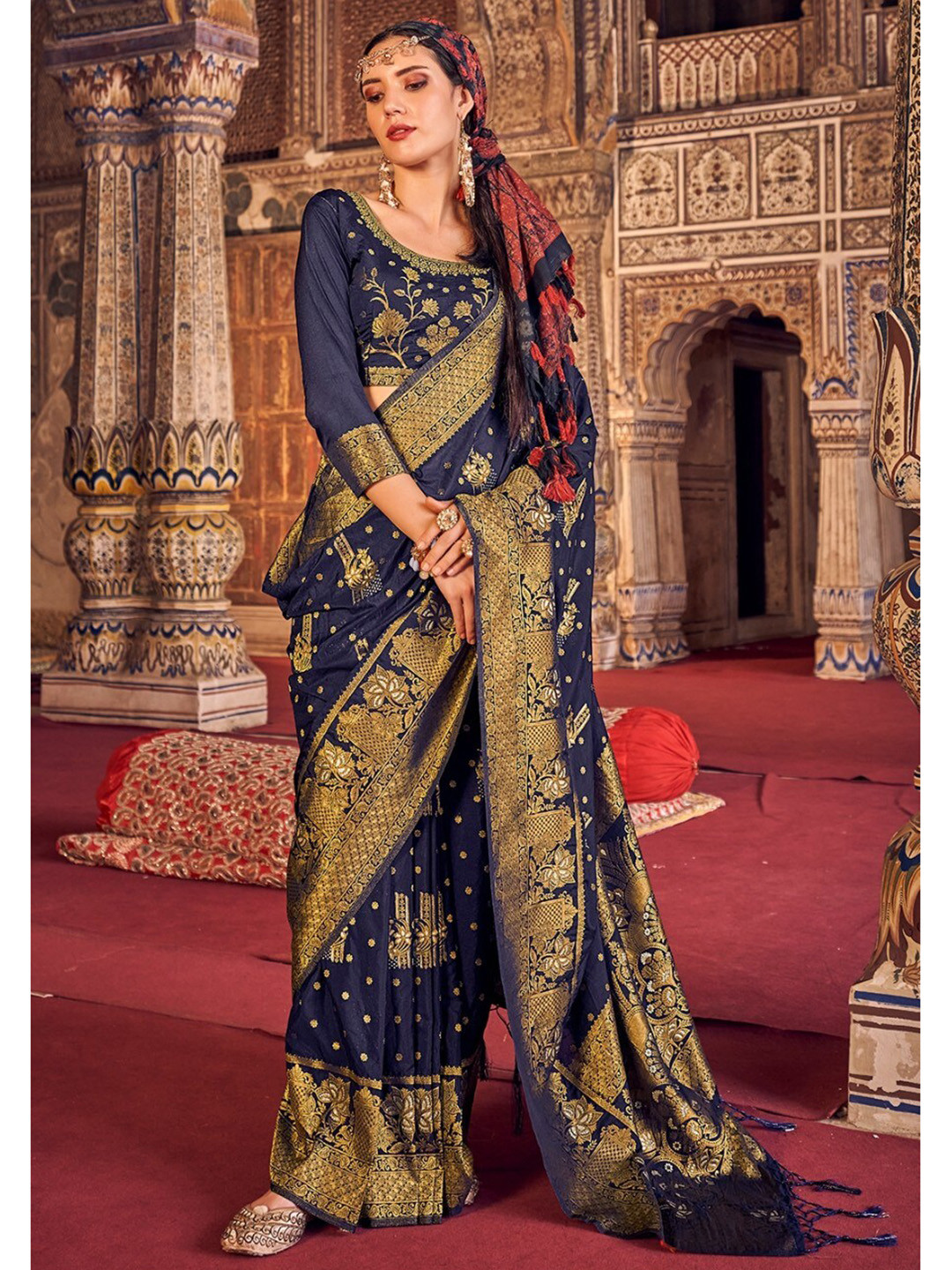

KARAGIRI Printed Woven Design Zari Silk Blend Banarasi Saree, Blue